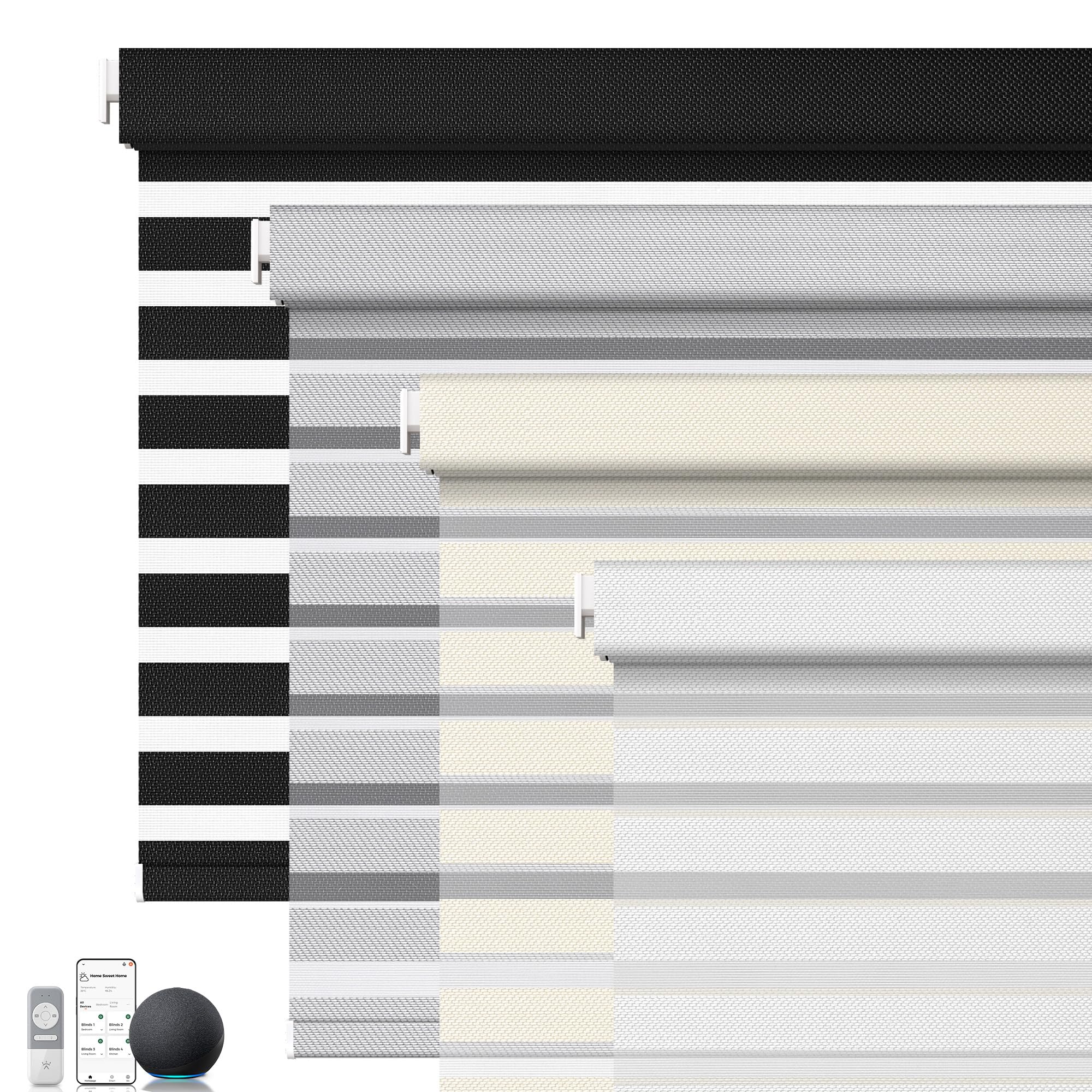 Allesin No Drill Motorized Zebra Shades with Remote Control, Light Filtering Smart Blinds for Apartments & Rentals – Compatible with Alexa, Automatic Day/Night Adjustment (Customize Color Size)