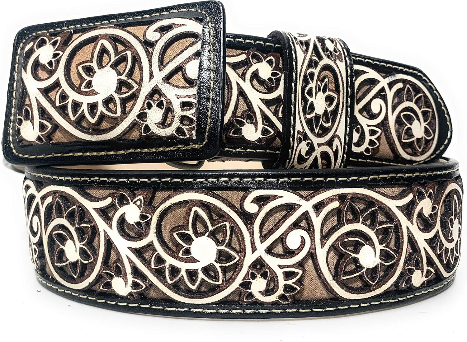 Men's Engraved Western Belt Cinto Charro Grabado Vaquero Leather Belt (40)