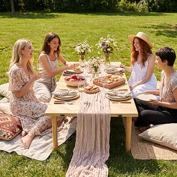 Folding Picnic Table for Indoor Outdoor, Portable Boho Low Picnic Table with Table Runner, 60 x 30 Wooden Table for Camping, Wedding, Beach, Garden, Party, Seats 6-8 People