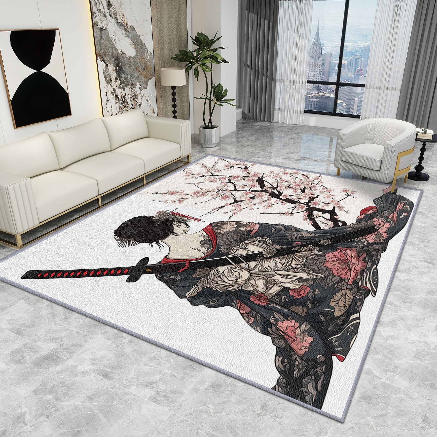Japanese Rugs for Bedroom - Japanese Rug - Geisha Cherry Blossom Rugs, Samurai Katana Asian Carpet, Washable Rug Non Slip Low Pile Soft Small Area Rugs, Japanese Home Decor Gifts, 80 X 120 cm