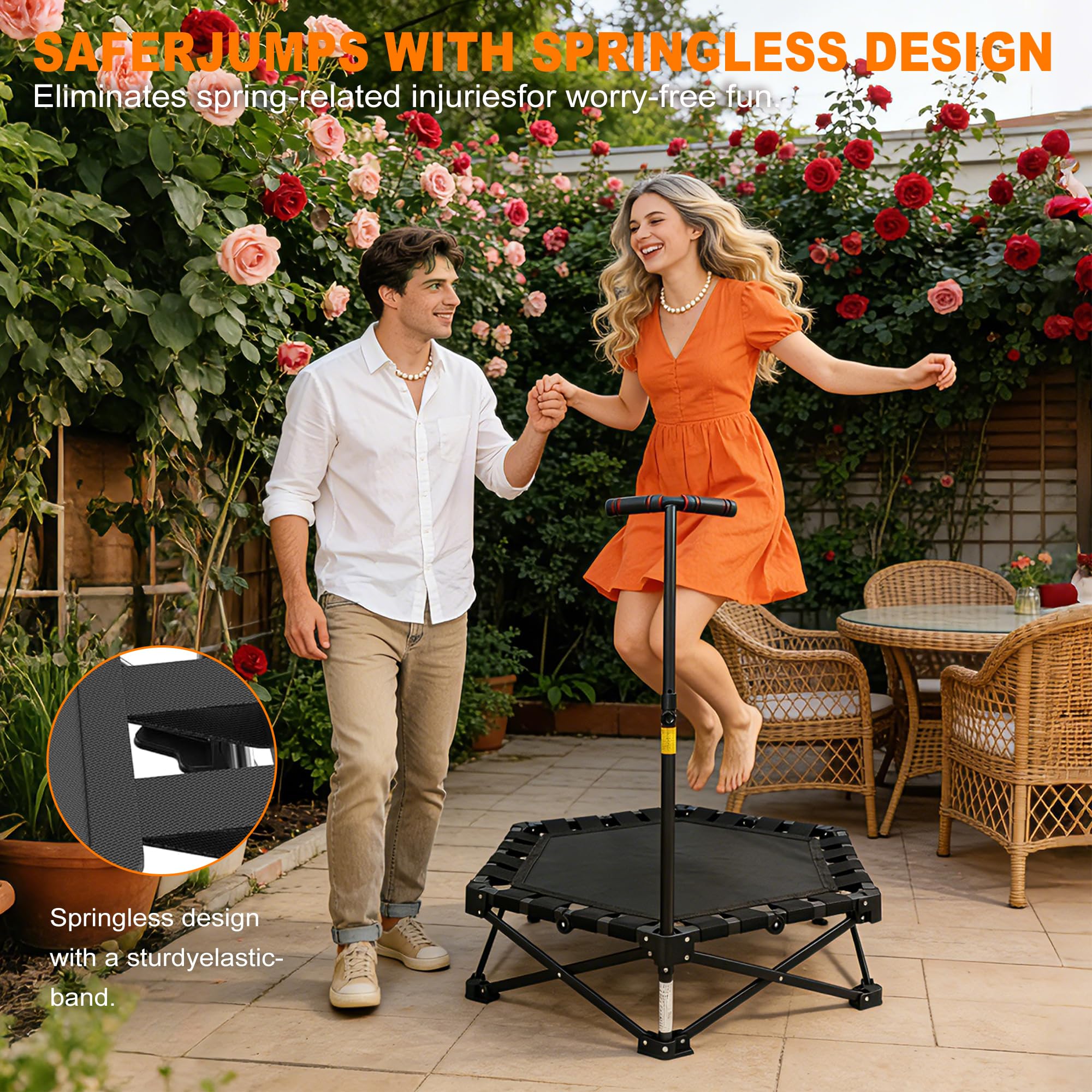 Składana mini trampolina 106 cm, 3-stopniowa regulacja wysokości, bez montażu, do użytku wewnątrz i na zewnątrz, z wytrzymałą ramą X, cicha, antypoślizgowa, do treningu domowego i zabawy