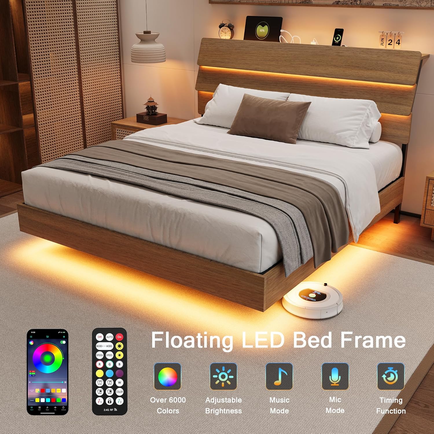 Bed Frame Queen Size with Charging Station, Led Bed Frame with Wood Storage Headboard, Heavy Duty Metal Slats, No Box Spring Needed, Noise Free, Easy Assembly, Walnut