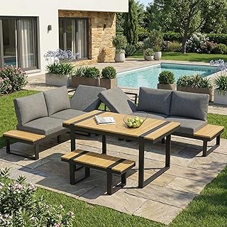 Gartenmöbel-Set, Garten-Essgruppe mit Verstellbarer Neigefunktion, Eckstellung, verzinktes Stahlrohr, Tischplatte Kunststoff-Holz, Beinhaltet Esstisch, Bank und Sofa, Loungemöbel