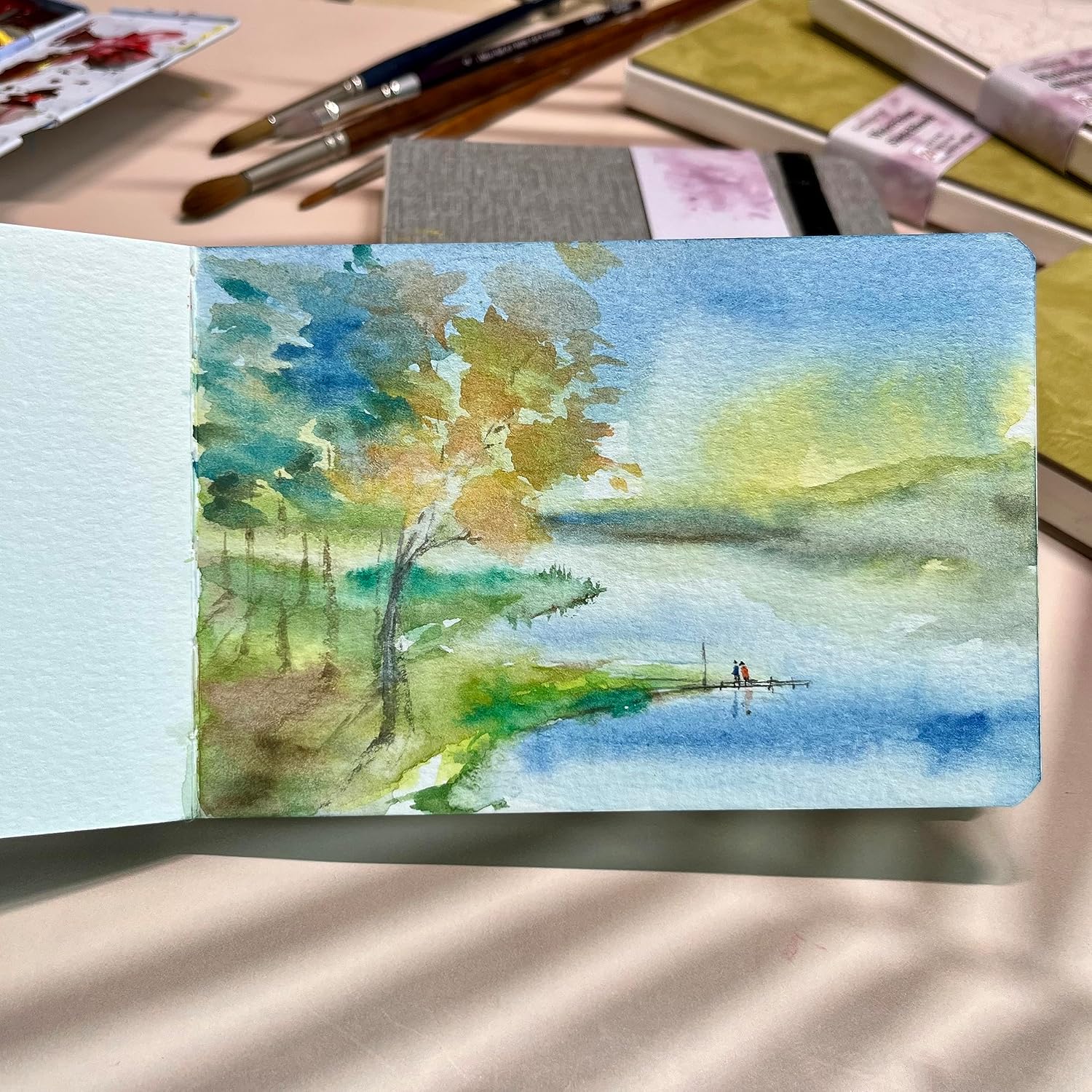tumuarta Watercolor Sketchbook, 140 LB, 300 GSM, 100% Cotton Paper, Cold Press, 24 Sheets, 48 Pages, Watercolor Journal for Use As Travel Notebook and Mixed Media Pad On The Go (Green, 4x6)