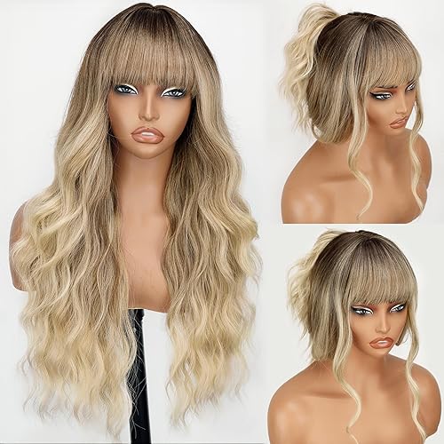 Miniatura 2 de Pelucas rubias ombré con flequillo, peluca larga ondulada con reflejos rubios para mujer, peluca de cabello sintético largo y rizado para fiestas,