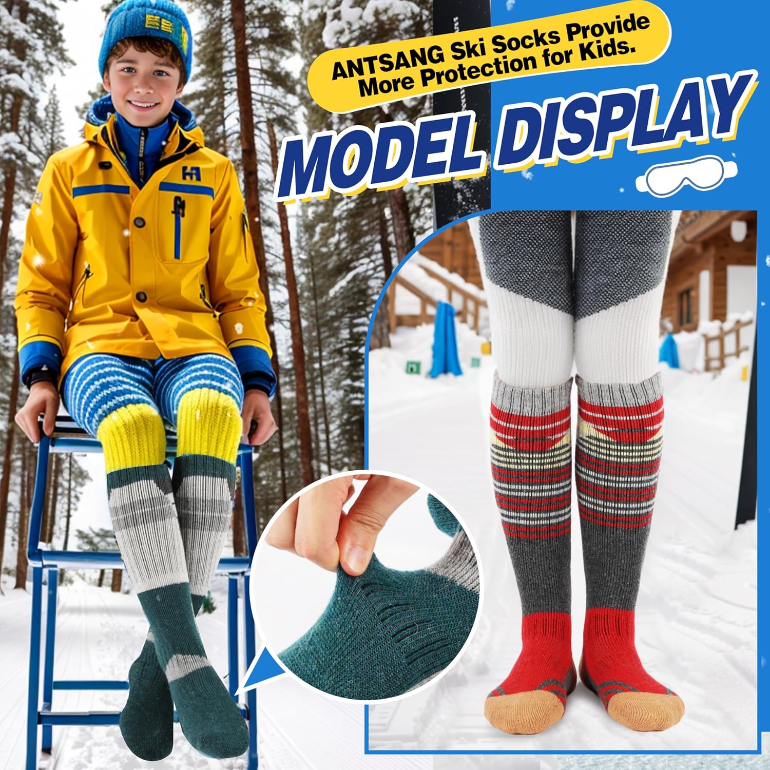 ANTSANG 3 Pairs Kids Merino Wool Ski Socks Boys Girls Thermal Thick Warm Winter Cozy Socks for Skiing Snowboarding