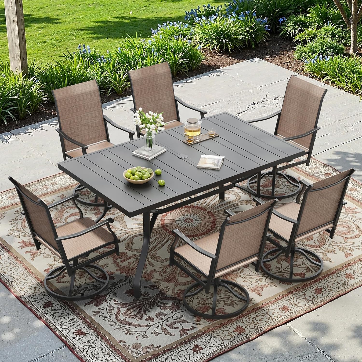 Soohow Outdoor Dining Set for 6, 7-Piece Patio Table and Chairs Set, 6 x Swivel Patio Dining Chairs with Textilene Fabric and 60"x35" Outdoor Table with 1.57" Umbrella Hole for Backyard, Poolside