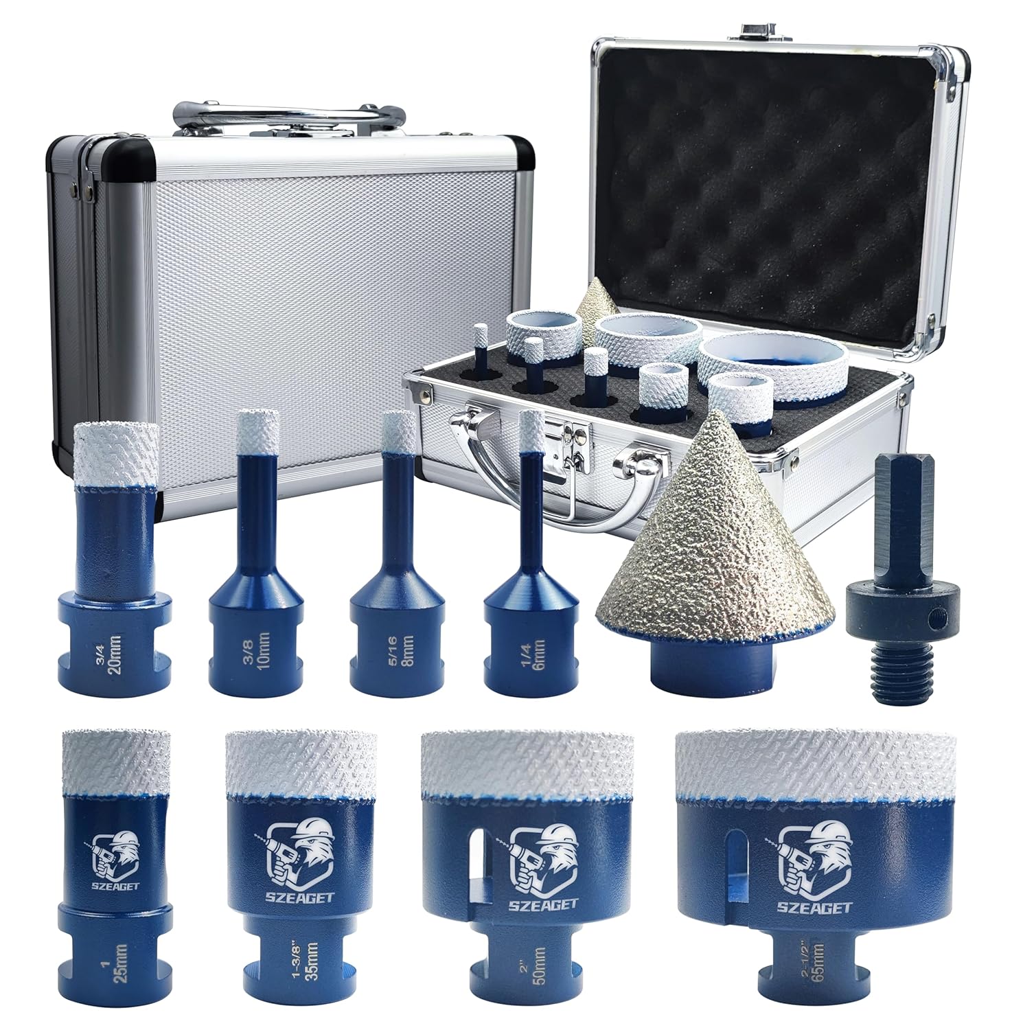 Diamond Tile Hole Saw Kit 9-Piece - SZEAGET Diamond Drill Bits (6/8/10/20/25/35/50/65mm Sizes) + 38mm Diamond Beveling Chamfer Bit for Marble, Granite, Ceramic Tile,10X Longer Life