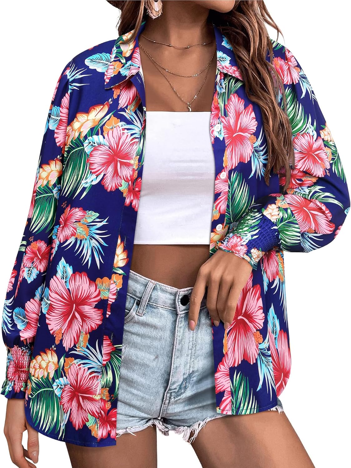 Womens Button Down Hawaiian Shirts Puff Long Sleeve Dressy Casual Floral Printed T-Shirt Trendy V Neck Comfy Boho Blouse Tops