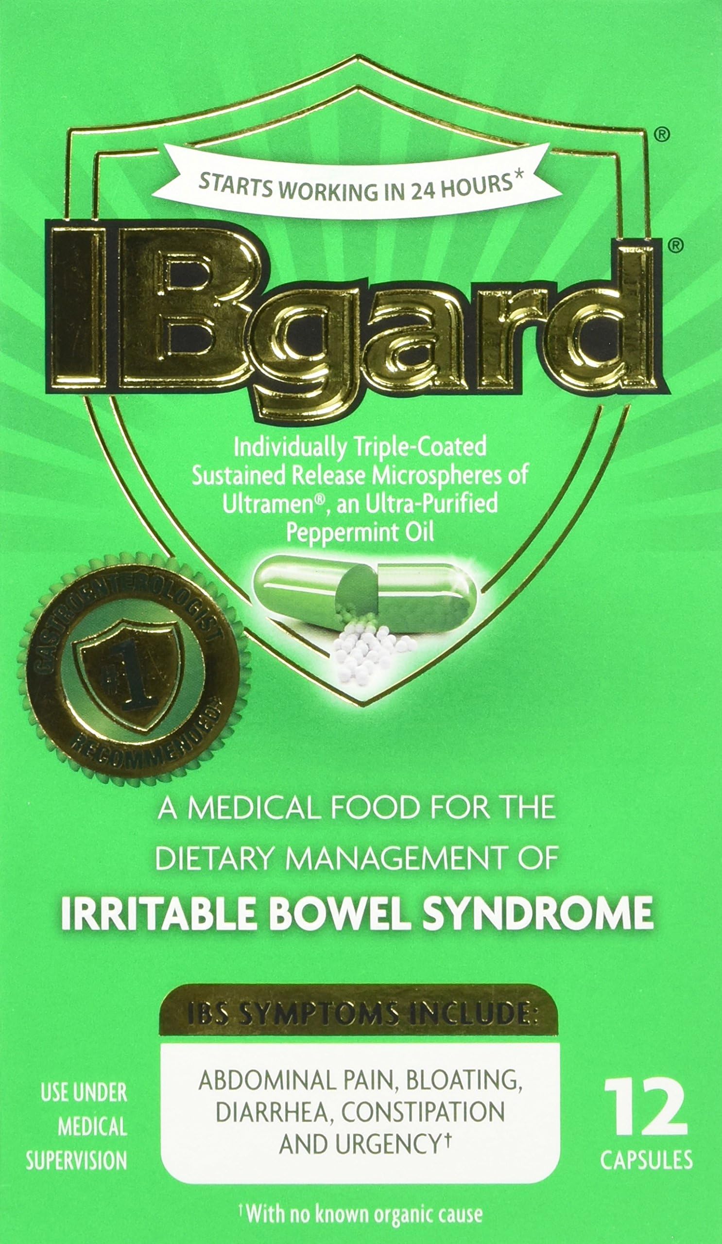 IBgardfor Irritable Bowel Syndrome (IBS) Relief Bloating Gas 12 Capsules Small Box 90mg Ultra Purified Peppermint Oil Good for First Timers