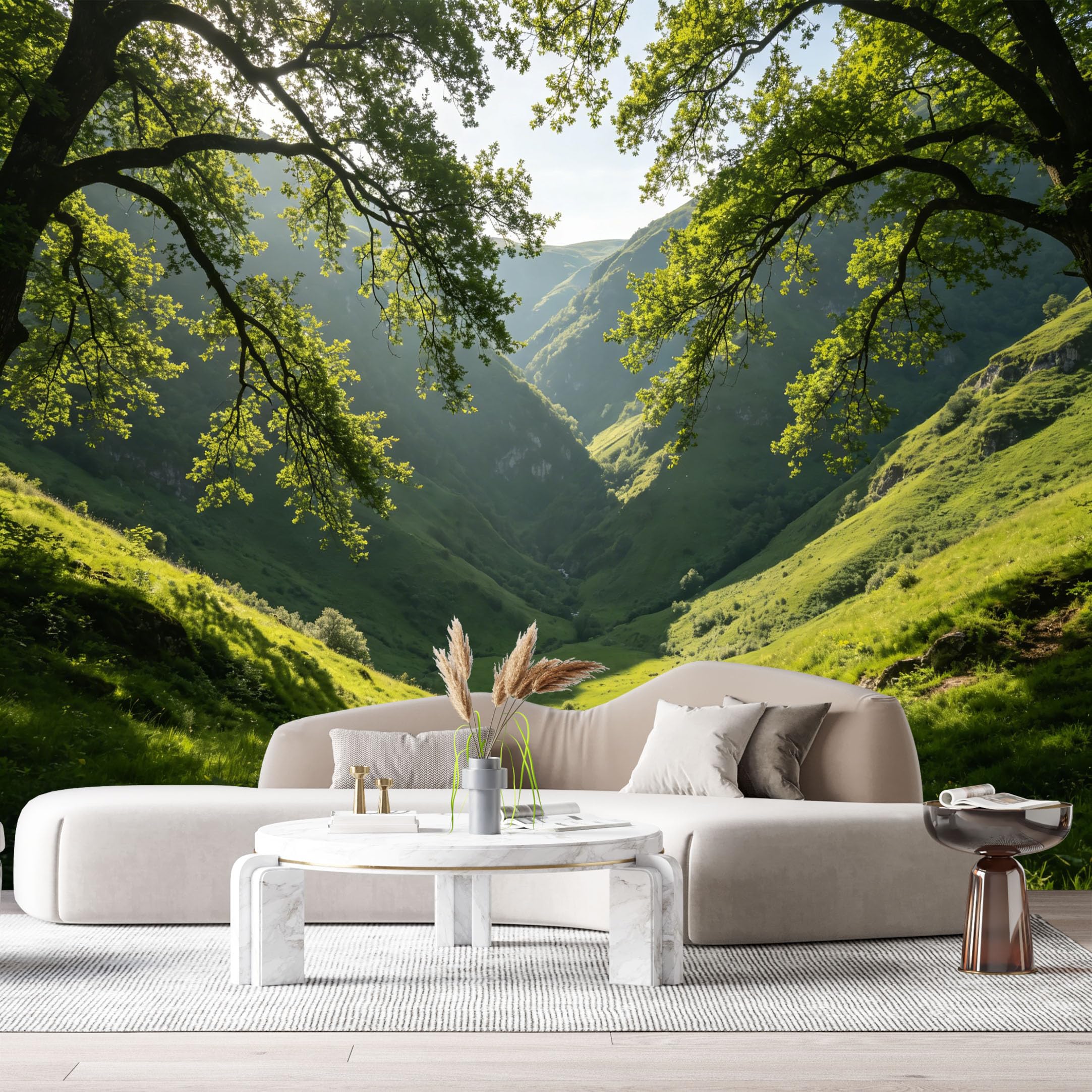 Custom Size Wall Murals Mountain Valley Landscape Forest Green Hills Sunlight SelfAdhesive Wall Fabric Removable Large Wallpaper for Photo Living Room