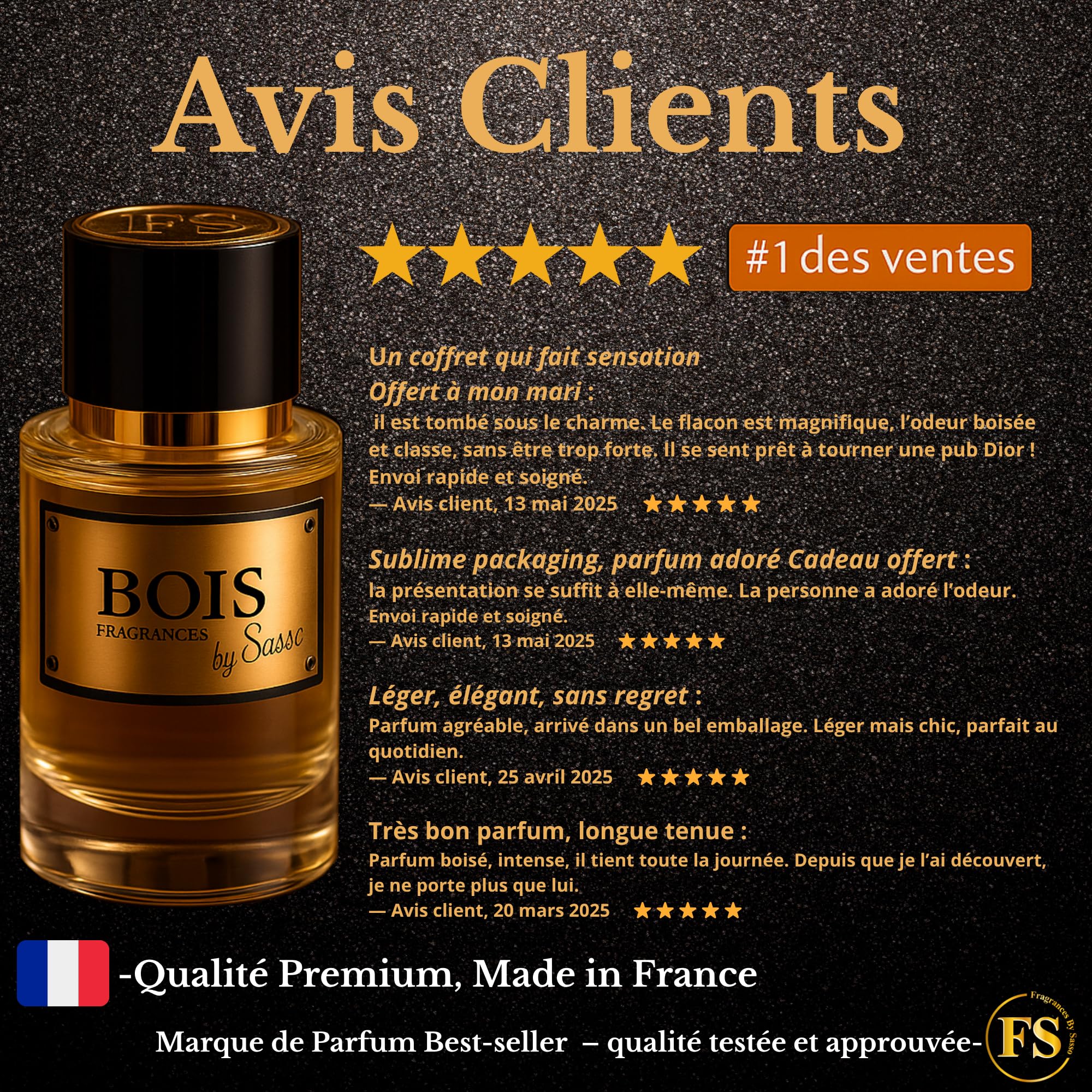 Parfum BOIS Intense – FRAGRANCES BY SASSO – Coffret Luxe – Extrait De Parfum 50 ml + Musc 3 ml + 5 Échantillons OFFERTS – Coffret Cadeau Homme – Collection Privée