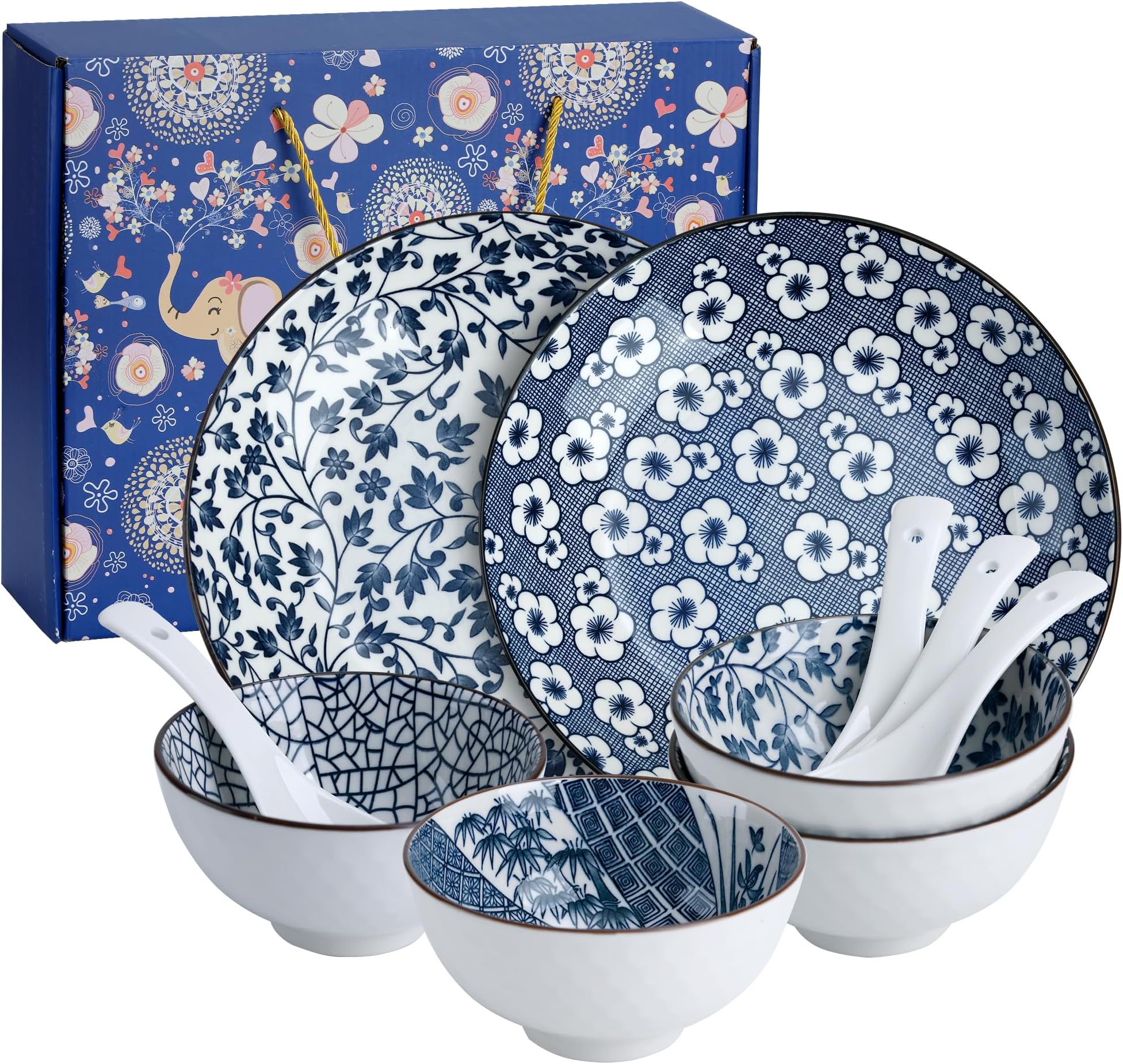 Cherry blossoms Ceramic Dinnerware Set for 2, 10-Piece Stoneware Plates and Bowls Microwave Safe, Elegant Blue Gift Box