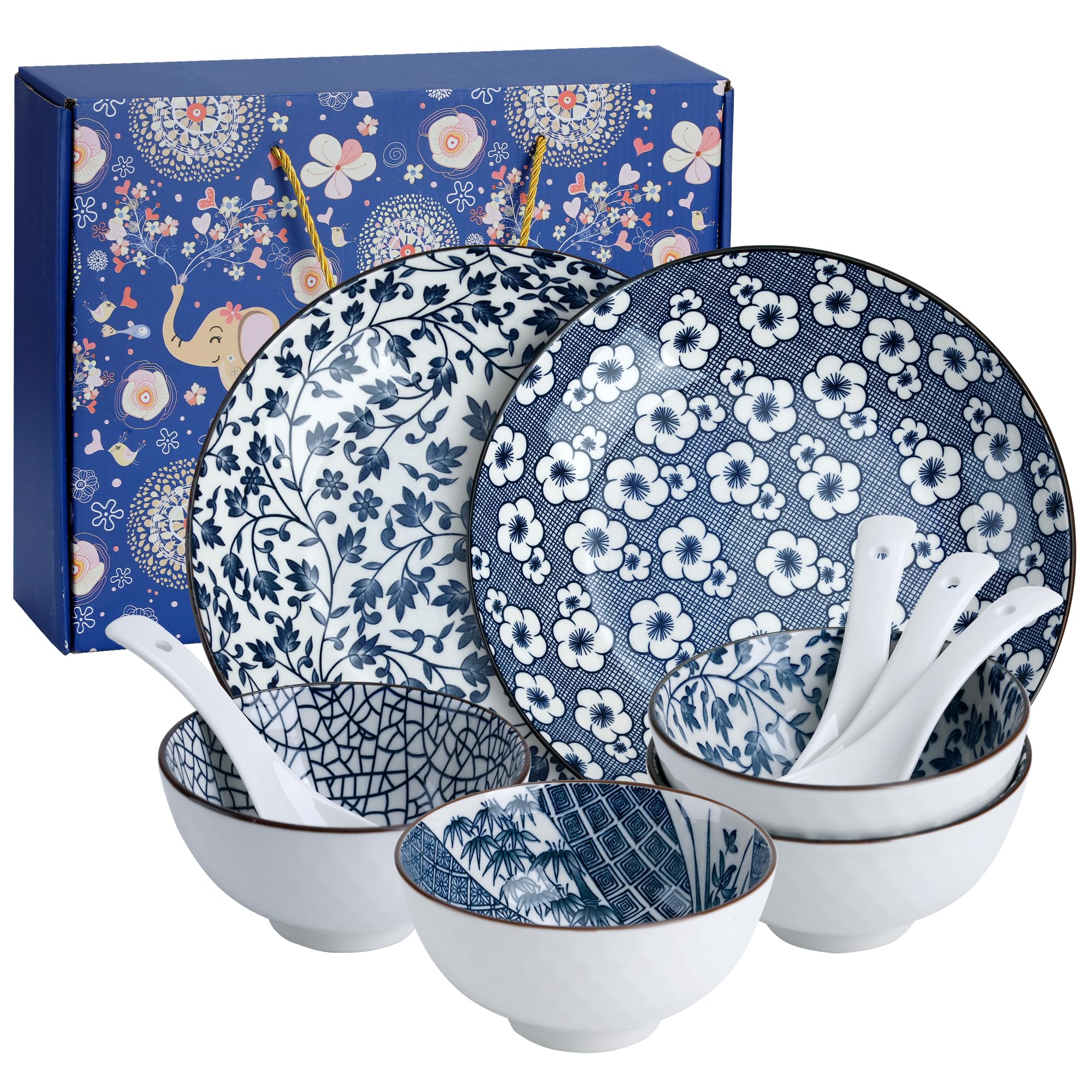 Cherry blossoms Ceramic Dinnerware Set for 2, 10-Piece Stoneware Plates and Bowls Microwave Safe, Elegant Blue Gift Box