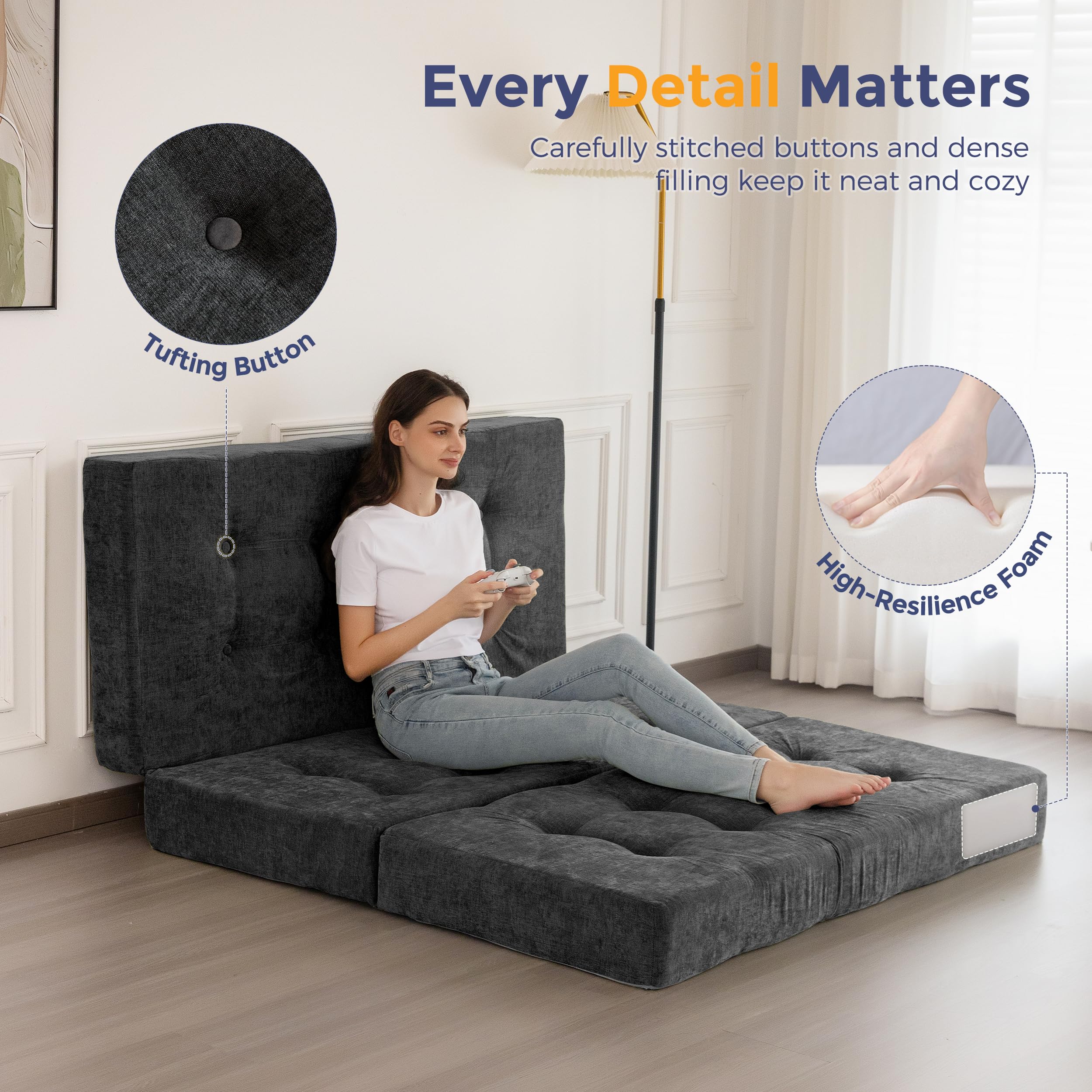 MAXYOYO Matelas Pliant 15 cm Célibataire, Confortable de avec Tissu Chenille, Canapé-Lit de Futon à Trois Fois pour Invité, Topper Sol pour Le Camping.