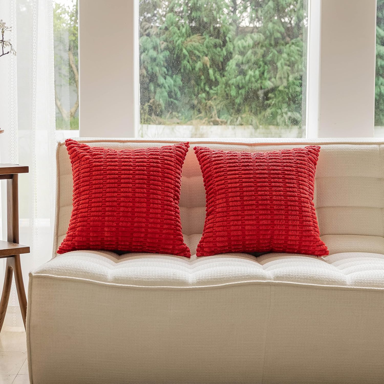 Home Brilliant Red Pillow Covers 24x24 Decorative Square Throw Pillows for Couch Soft Striped Plush Euro Pillow Shams for Holiday Decor, Set of 2, 24 x 24 inch, Red