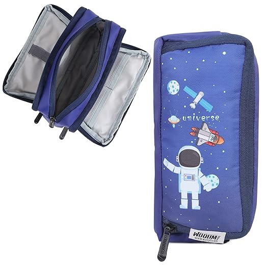 Wooum Large Pencil Case with 3 Compartments, Big Capacity Pencil Pouch for School Boys Girls College Students & Teachers Aesthetic Practical Stationery Pouch for Pens Pencils (Jet Blue (Universe))
