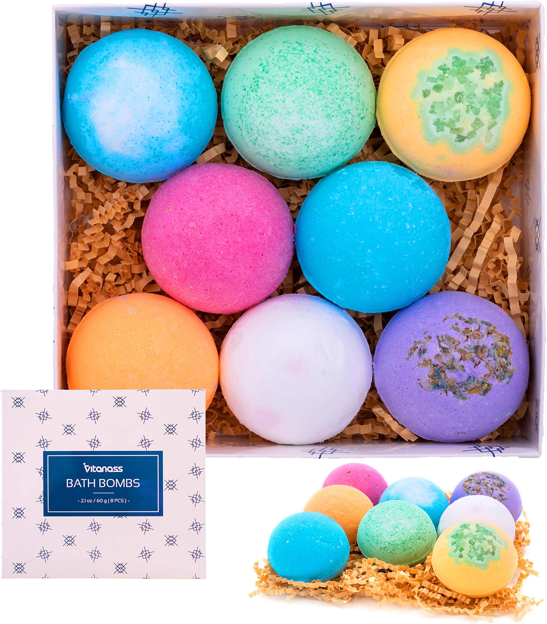 VITANASS 8 Handmade Bath Bombs Gift Set - Nature Essential Oil - Organic Shea & Coco Butter Dry Skin Moisturize - Spa Bomb Fizzies - Add to Bath Bubbles, Basket, Bath Beads - Bath Pearls