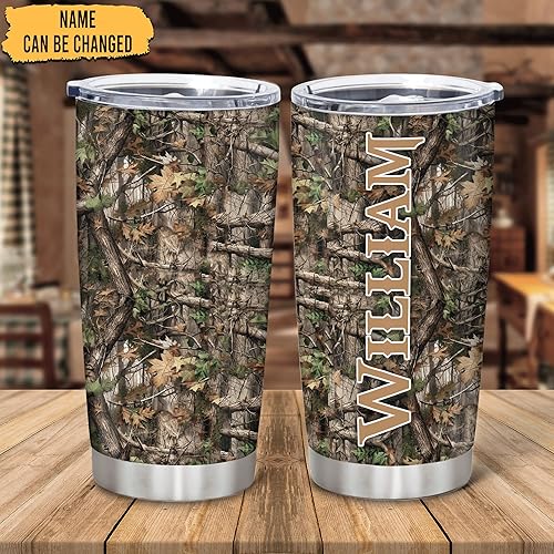Vista 2 de Hyturtle Regalos personalizados de caza para hombres, vaso de caza de camuflaje de 20 onzas, taza de café de viaje de acero inoxidable, regalo