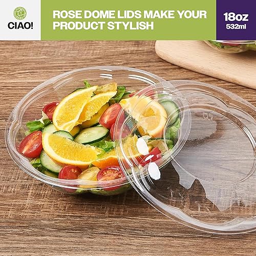 Miniatura 6 de CIAO! Tazón de fruta y ensalada PET transparente de 18 oz con tapa de cúpula rosa (150caja)