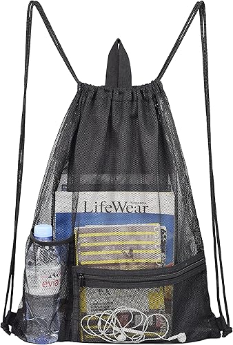 Heavy Duty Drawstring Mesh Bag, Gym Backpack Sports String Bag with Bottle Holder for Balls, Swiming, Beach Toys