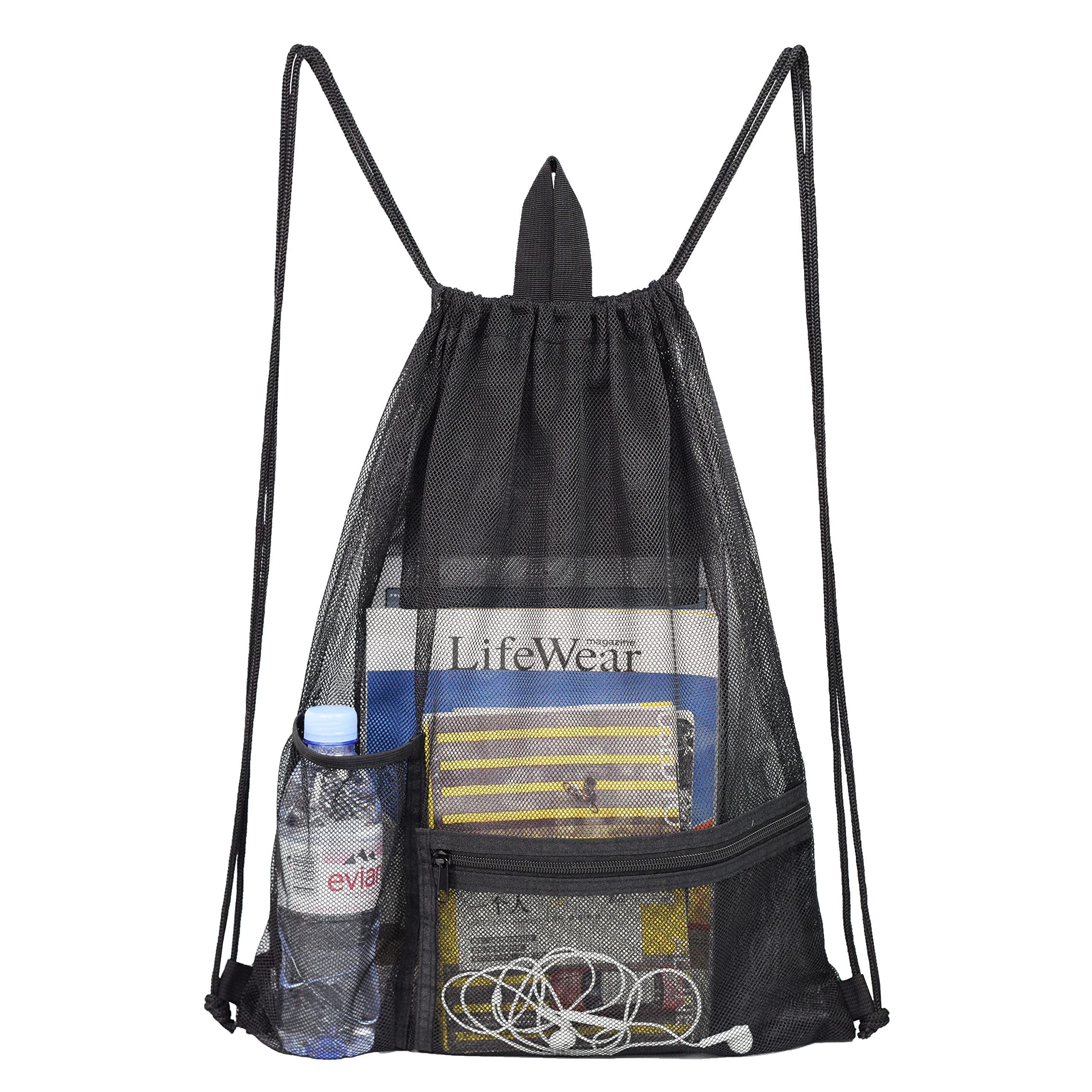 RudmoxHeavy Duty Drawstring Mesh Bag, Gym Backpack Sports String Bag with Bottle Holder for Balls, Swiming, Beach Toys