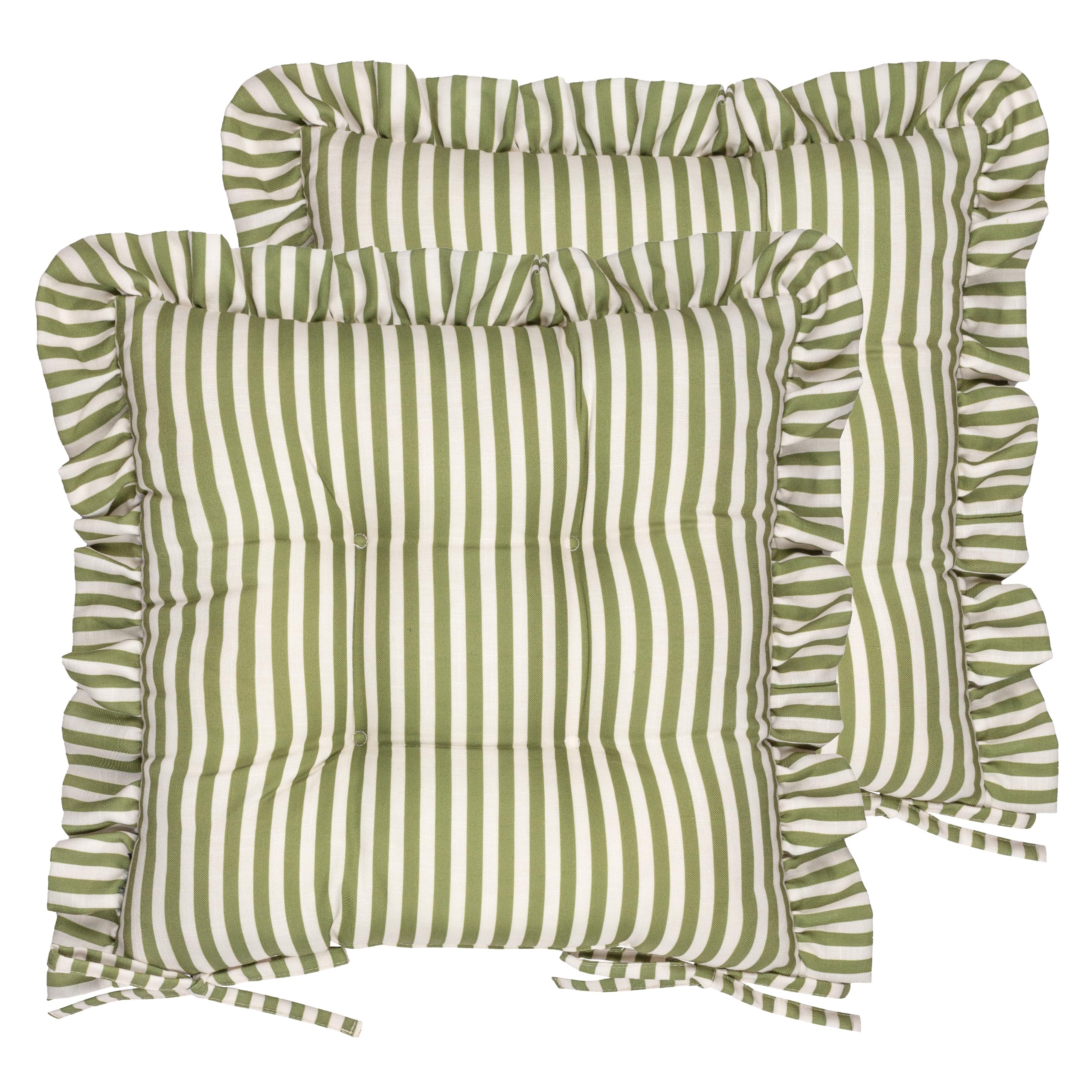 Wylder Millie Ruffle Seat Pads – Pack of 2 – Heritage Stripe Indoor Outdoor Dining & Patio Chair Cushions with Ties (Green - 40x40cm)