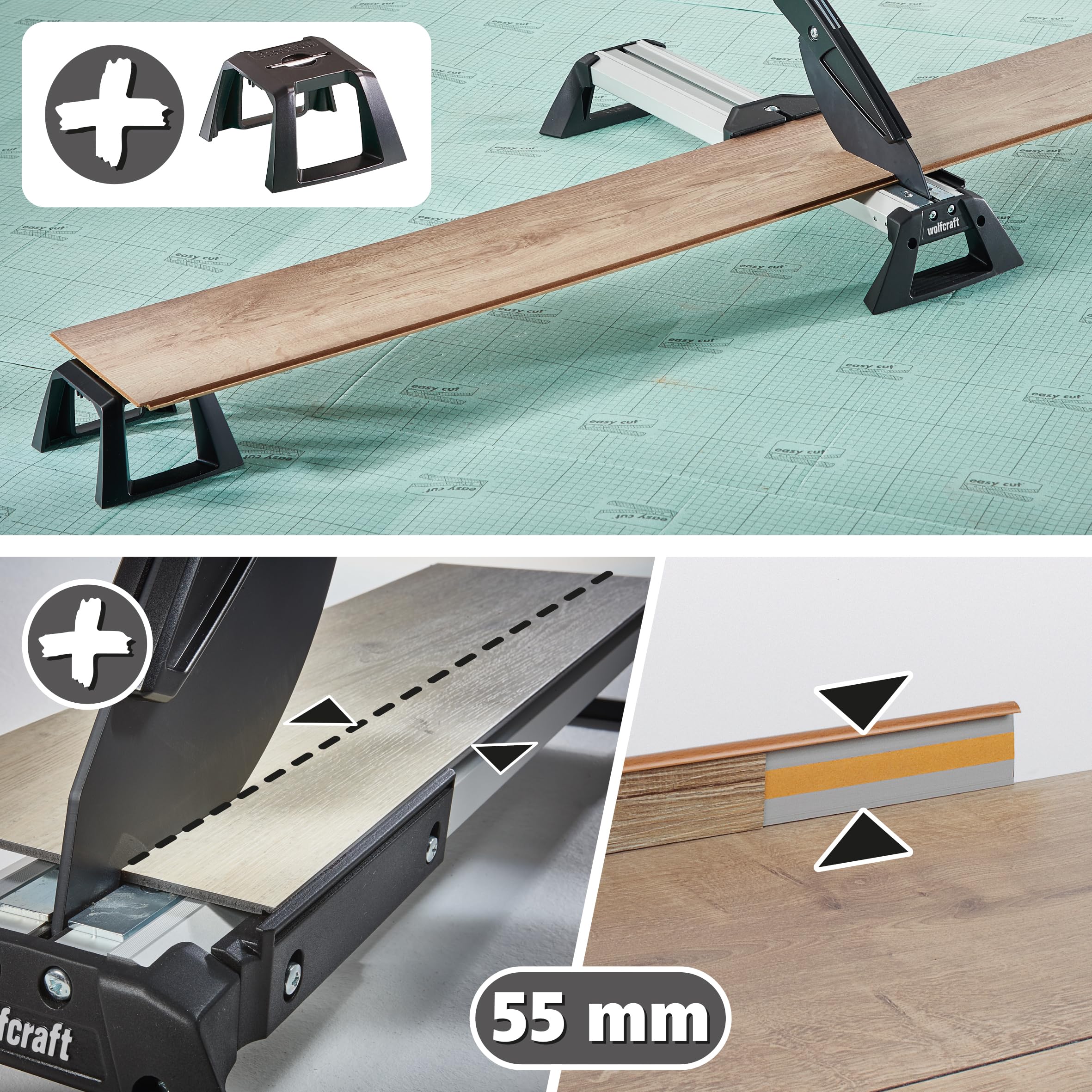 wolfcraft Set per Posa di Pavimenti in Vinile e Laminato, 33 Pezzi con Taglierina Professionale VLC 800 e 30 Cunei Universali per Giunti di Dilatazione – 8638000