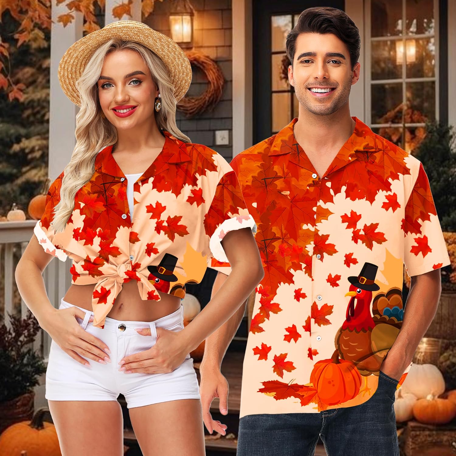 Mens Thanksgiving Button Tops Short Sleeve Turkey Hawaiian Shirt - Image 2