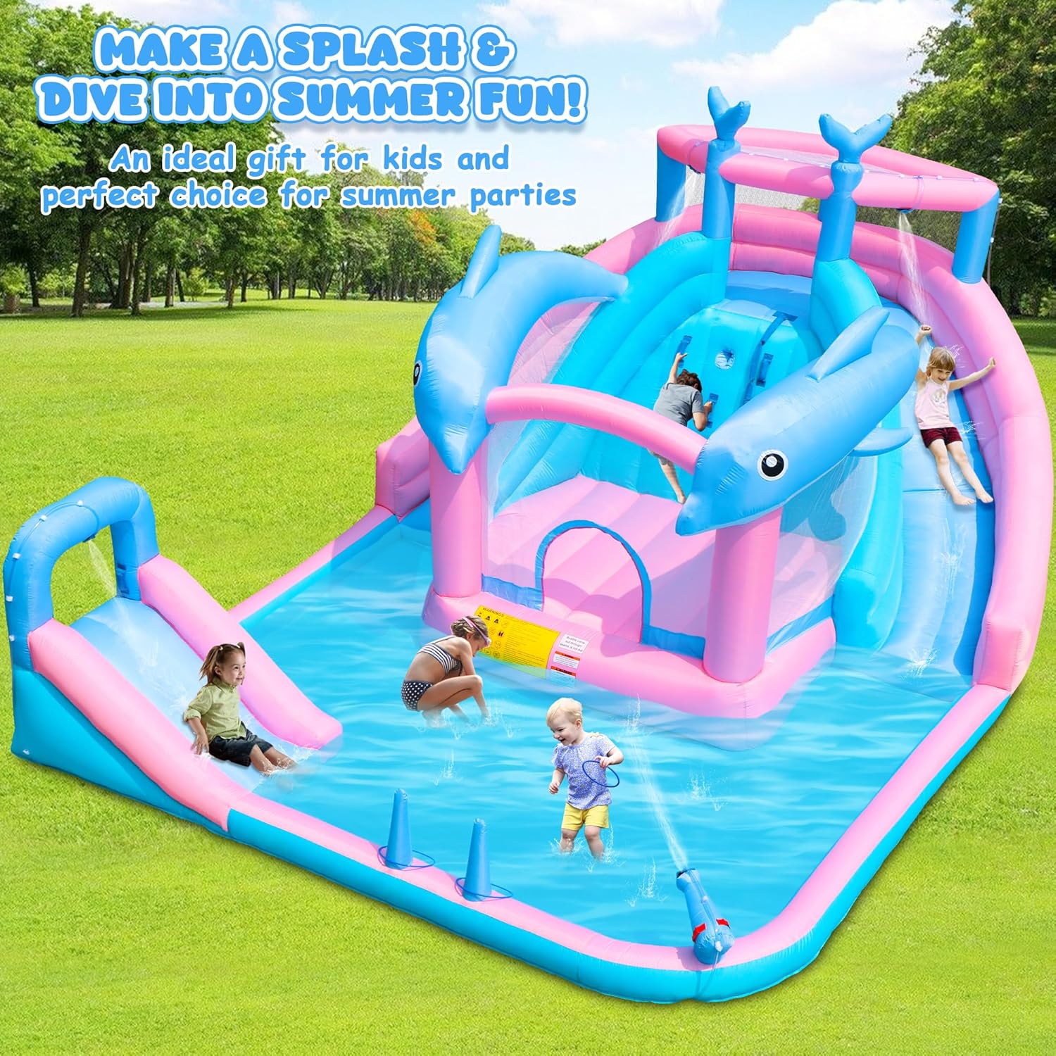 Inflatable Water Slide, Dolphin Bounce House for Kids 3-12, Water Park with Blower, Splash Pool, Climbing Wall, Water Cannon, Bouncy Castle for Backyard Summer Fun, 195 x 162 x 104 inches