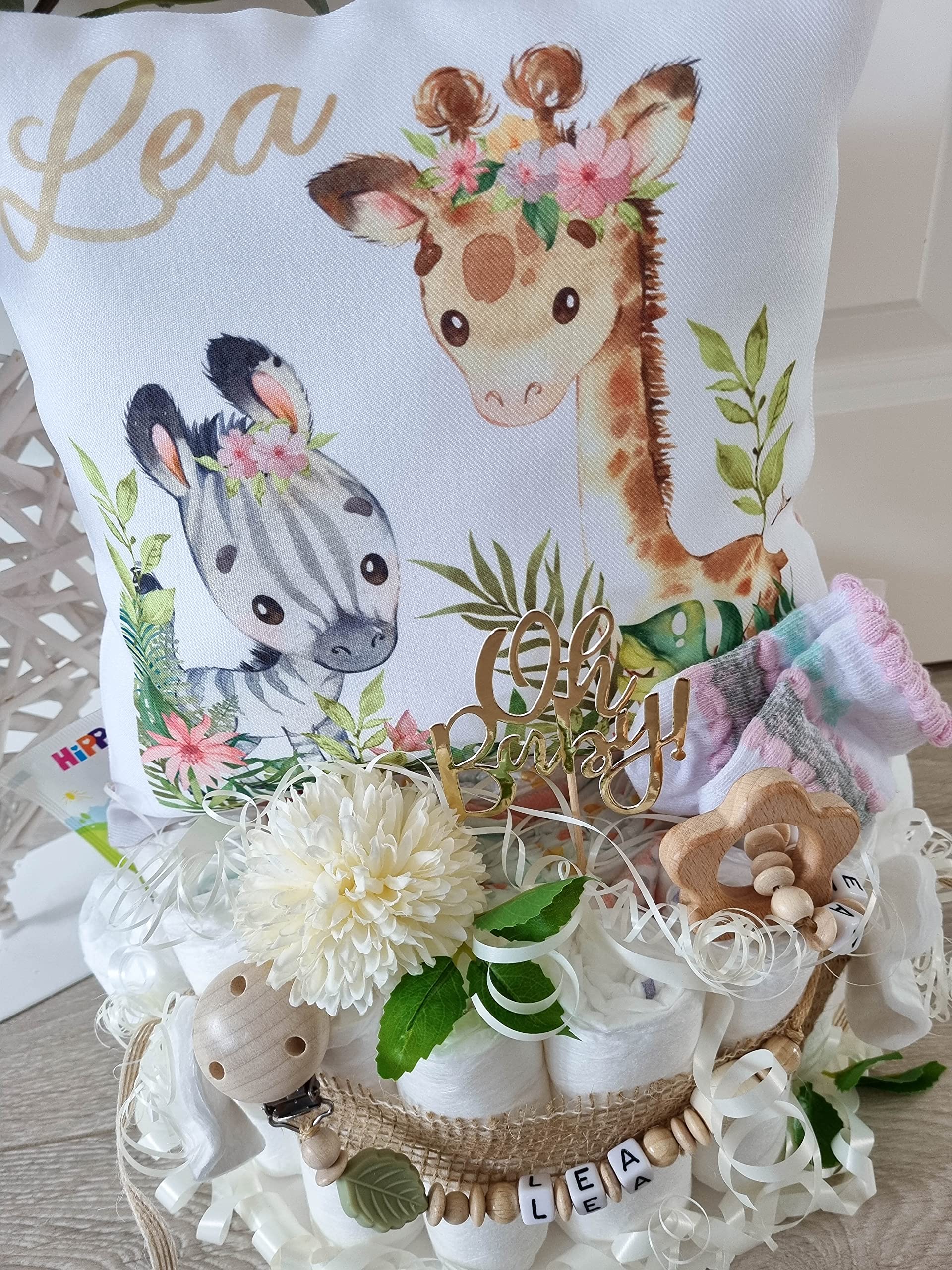 Windeltorte mit Name - Kuschelkissen Giraffe & Zebra I Schnullerkette & Greifling - Geschenk, Babyparty, Geburt oder Taufe + auf Wunsch, gratis Grußkärtchen