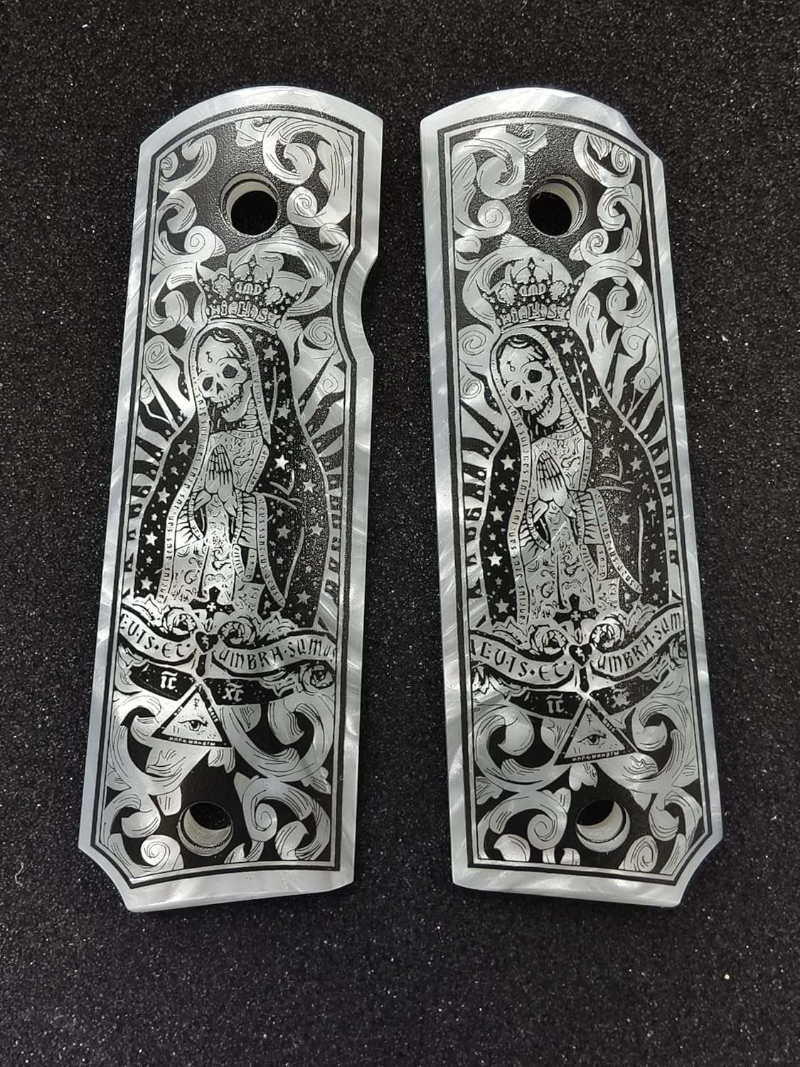 1911 Grips Full Size,Magwell Cut, Smooth Classic, Unique Designs La Santa Muerte,Fits Government Commander Models