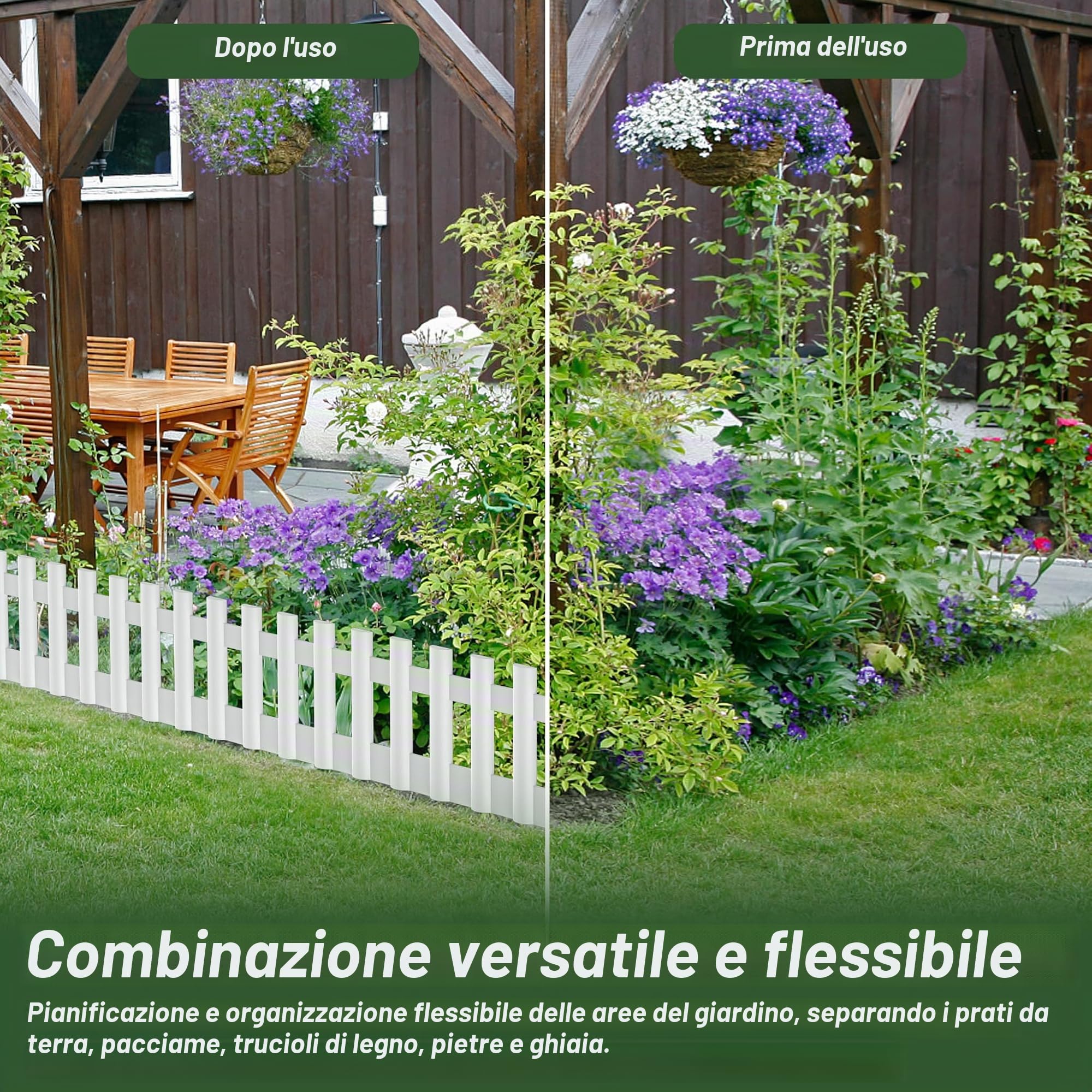 FIVMEN Bordo per prato in plastica 43x12 cm, recinzione per aiuola, delimitazione con chiodi a terra, recinzione flessibile per aiuola, recinto per giardino, 6 pezzi, bianco