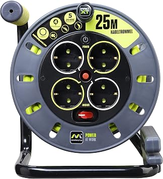 Masterplug Pro-XT cable drum extension cable with 4 sockets winding crank thermal protection and power switch 25 meters of clearly visible cable