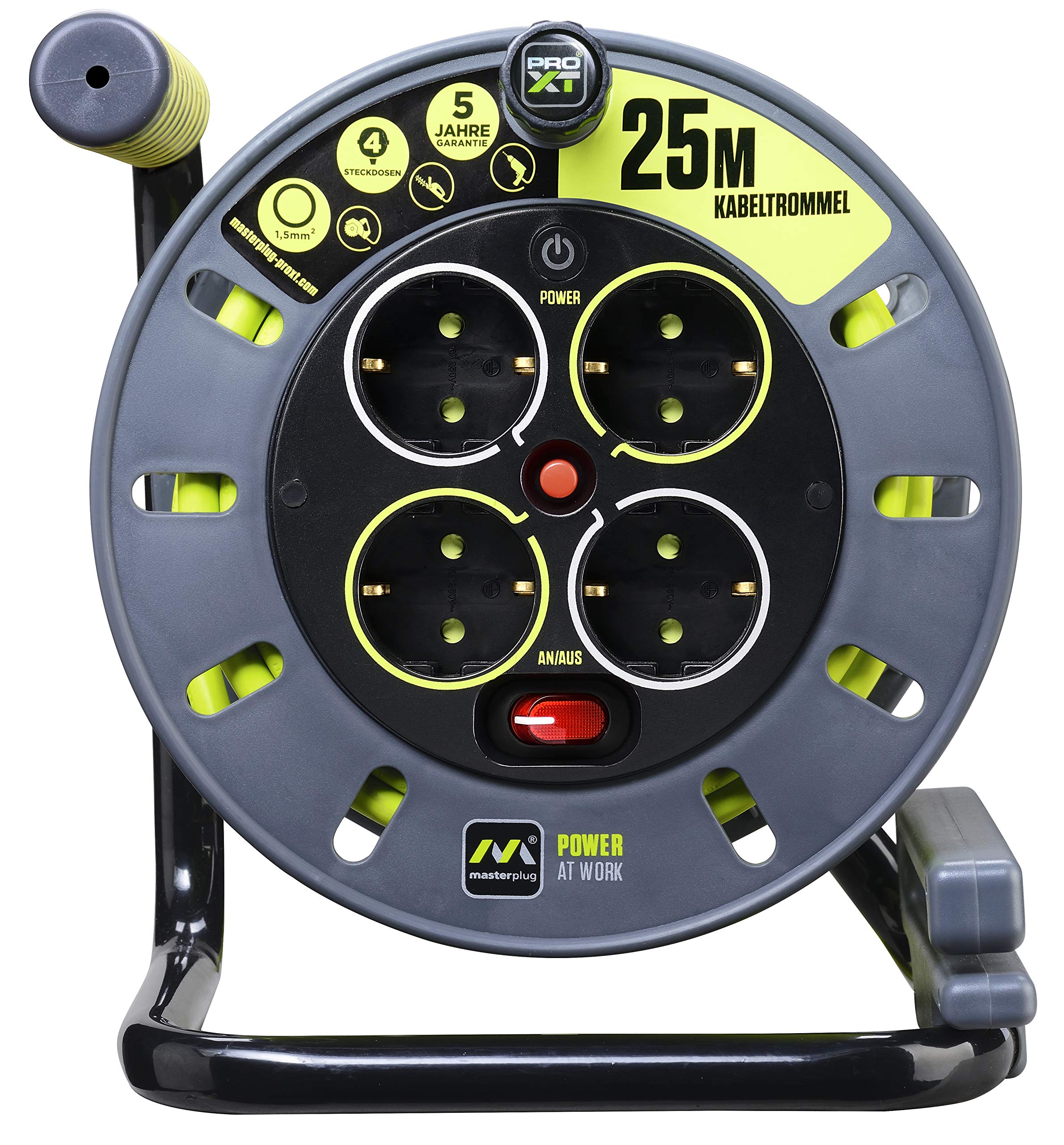 Masterplug Pro-XT Kabeltrommel Verlängerungskabel mit 4 Steckdosen, Wickelkurbel, Thermoschutz und Netzschalter, 25 Meter gut sichtbares Kabel