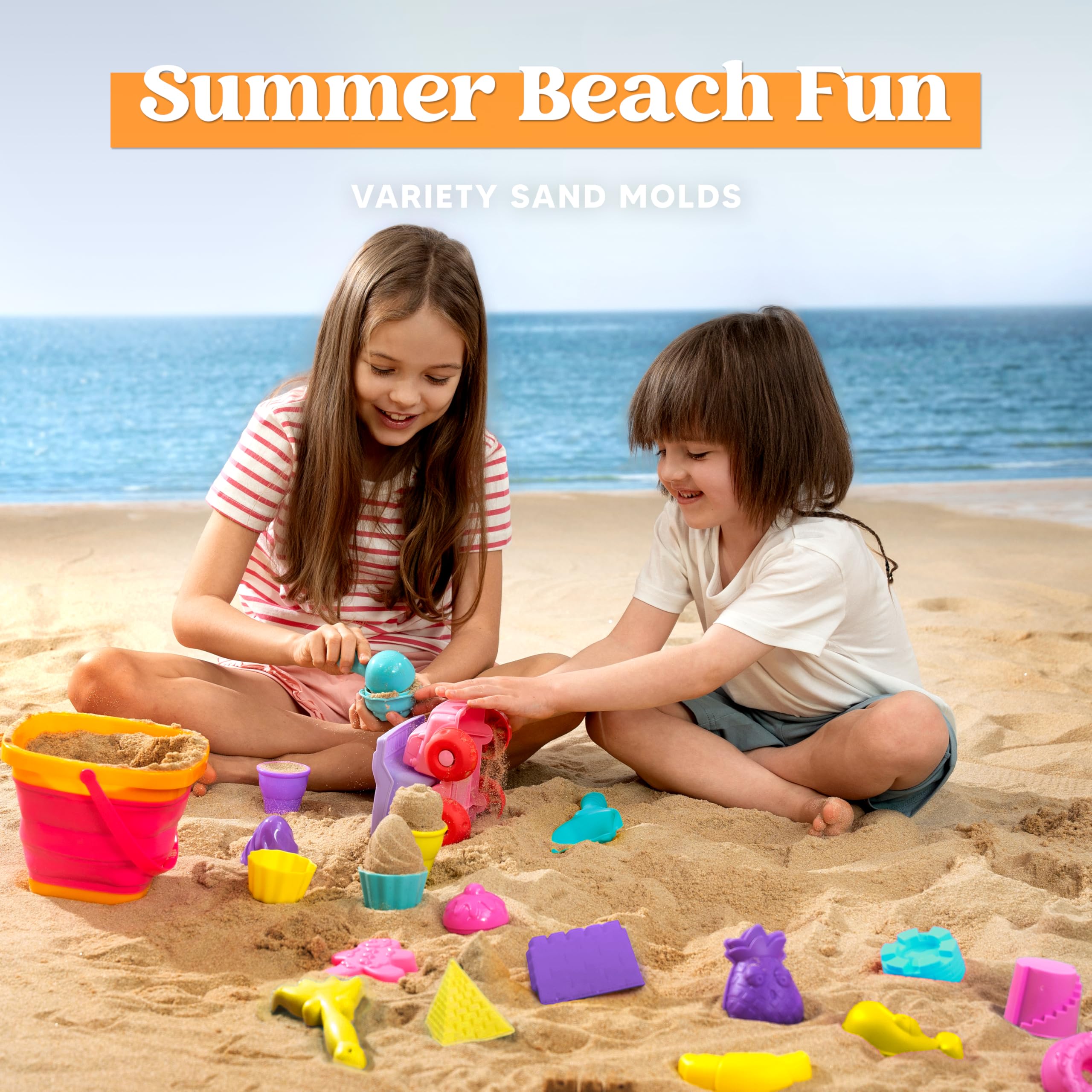 Sloosh Set di giocattoli per sabbia da spiaggia, giocattoli da viaggio con camion per auto, secchi pieghevoli, pala di sabbia, castello, gelato, set con borsa a rete, giocattoli per bambini e bambine
