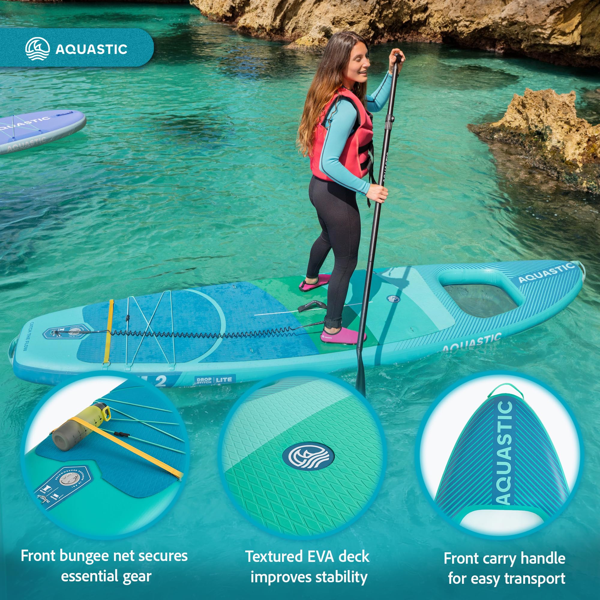 AQUASTIC Vista nadmuchiwana deska SUP 11'2" | Allround Shape | Drop Stitch Lite | 340 × 89 × 15 cm – 340 l | Maksymalne obciążenie 150 kg | okno podwodne | Slide-In Stand Up Pad