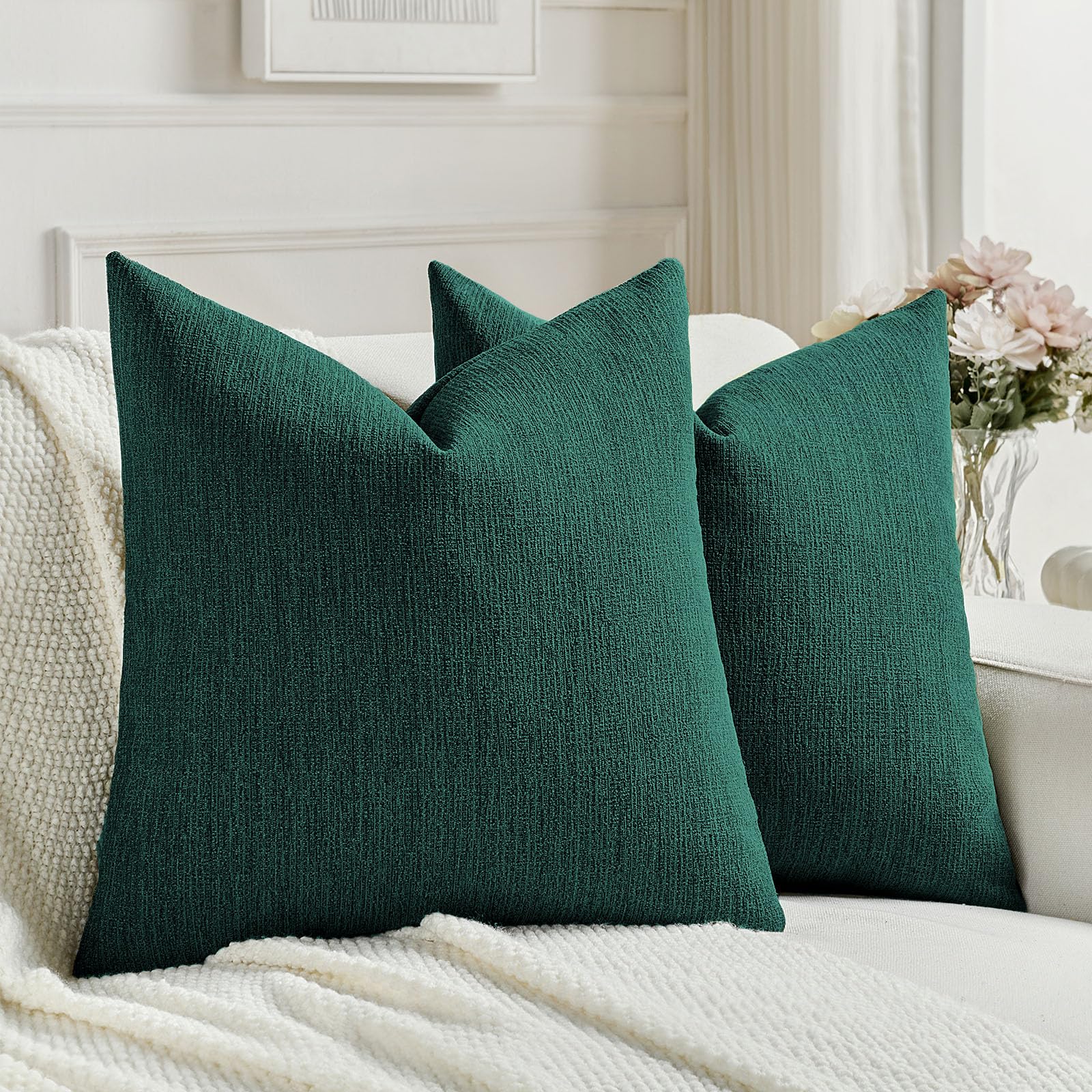 FUTEI Set of 2 Soft Chenille 45x45 cm Cushion Covers Textured Natural Faux Linen Scatter Pillow Covers 45 x 45 cm Farmhouse Accent for Sofa Bedroom Living Room, Teal โ image 1