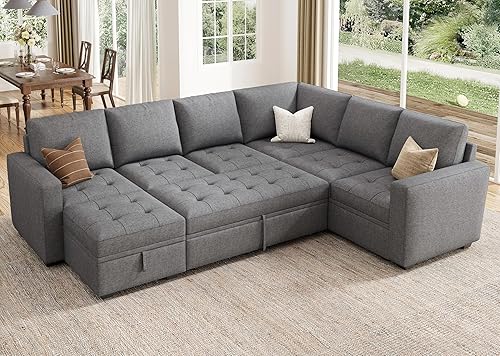 Miniatura 29 de HONBAY - Sofá seccional modular con cama desplegable, de terciopelo convertible en forma de L con asiento de almacenamiento, sofás seccionales