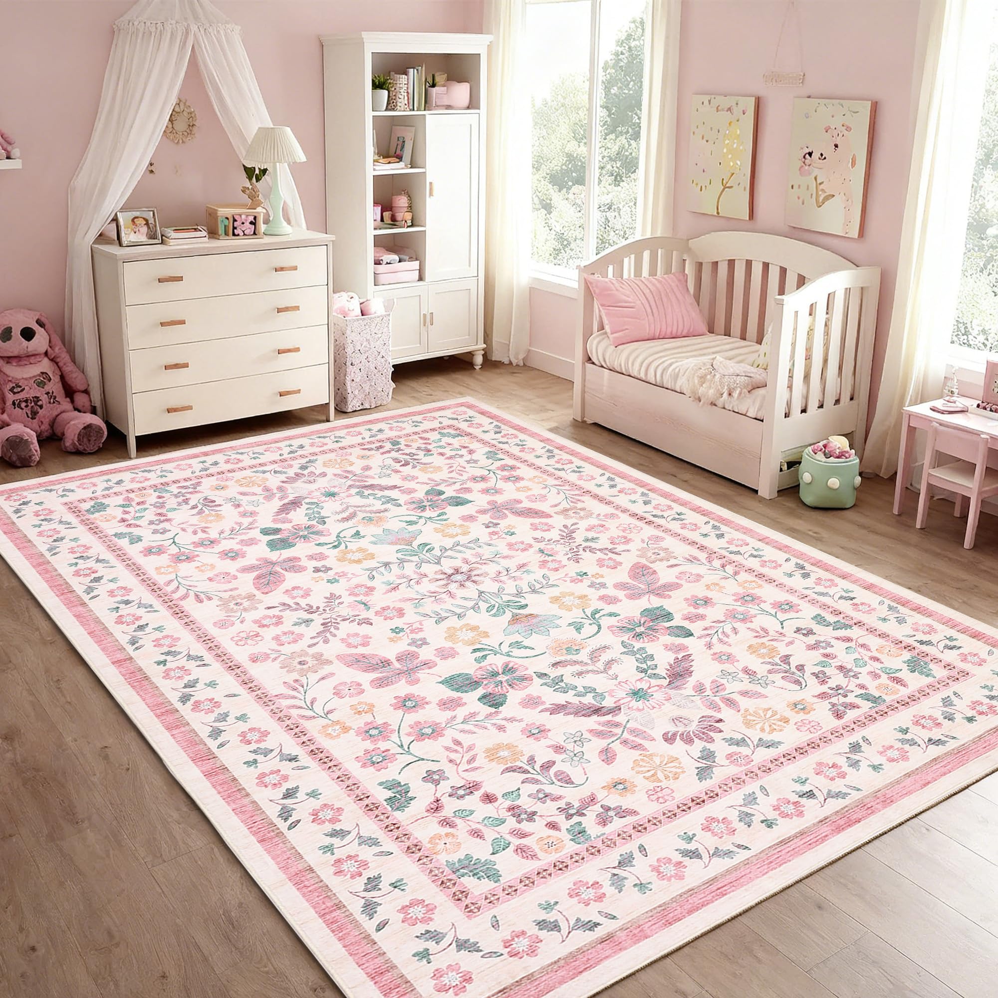 GarveeHome Living Room 6x9 Floral Area Rugs Machine Washable Large Rugs with Non-Slip Backing, Soft Low Pile Stain Resistant Carpet for Bedroom Girls