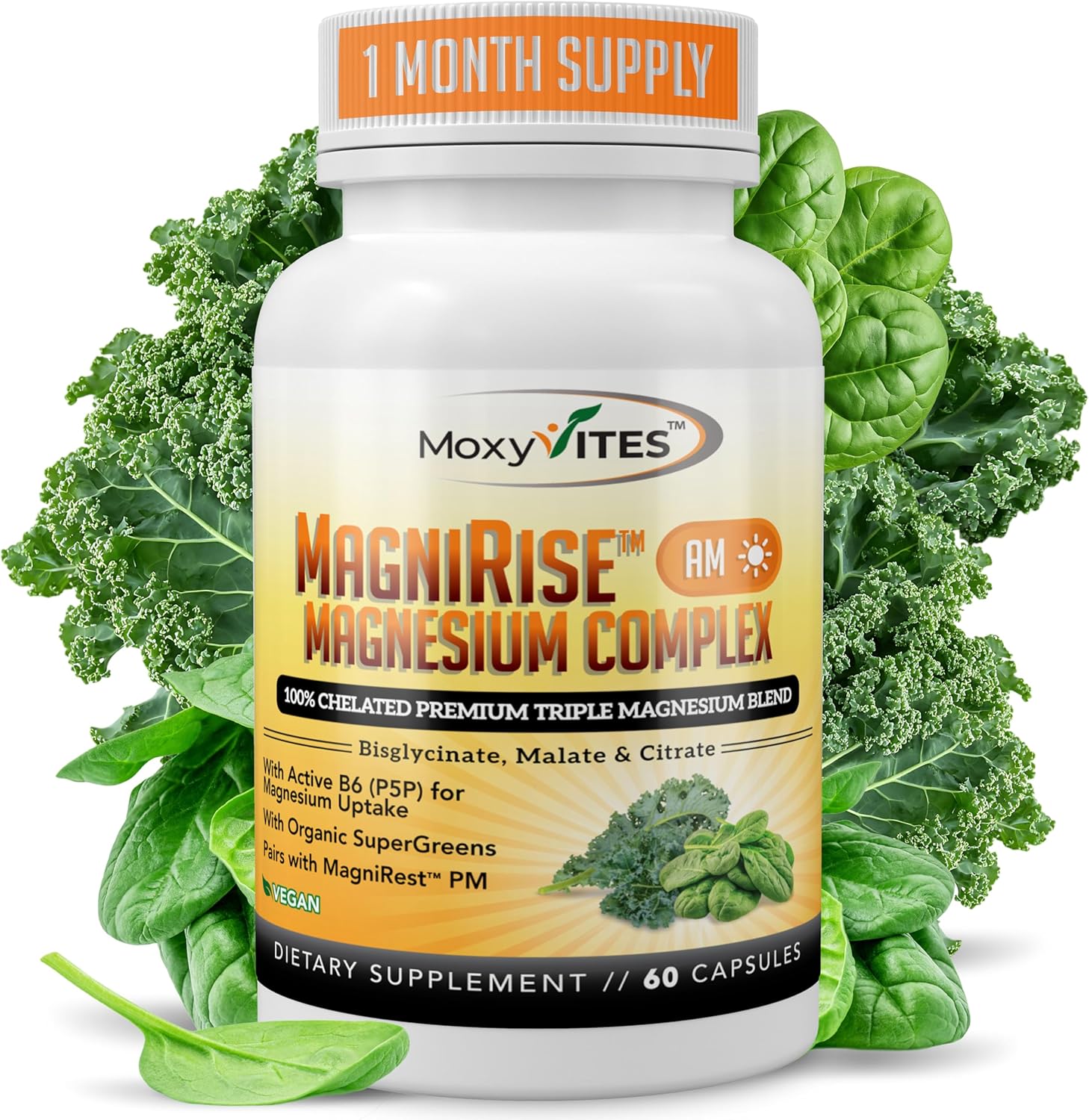 MoxyVites MagniRise™ AM– Magnesium Complex for Women & Men - 200mg Magnesium Bisglycinate, Malate, Citrate, B6, Organic SuperGreens – Chelated, High Absorption – Pairs with MagniRest™ PM – 60 Capsules