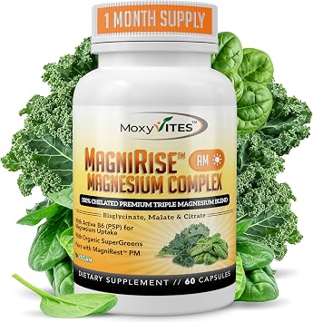 MoxyVites MagniRiseTM AM Magnesium Complex for Women & Men - 200mg Magnesium Bisglycinate, Malate, Citrate, B6, Organic SuperGreens Chelated, High Absorption Pairs with MagniRestTM PM 60 Capsules