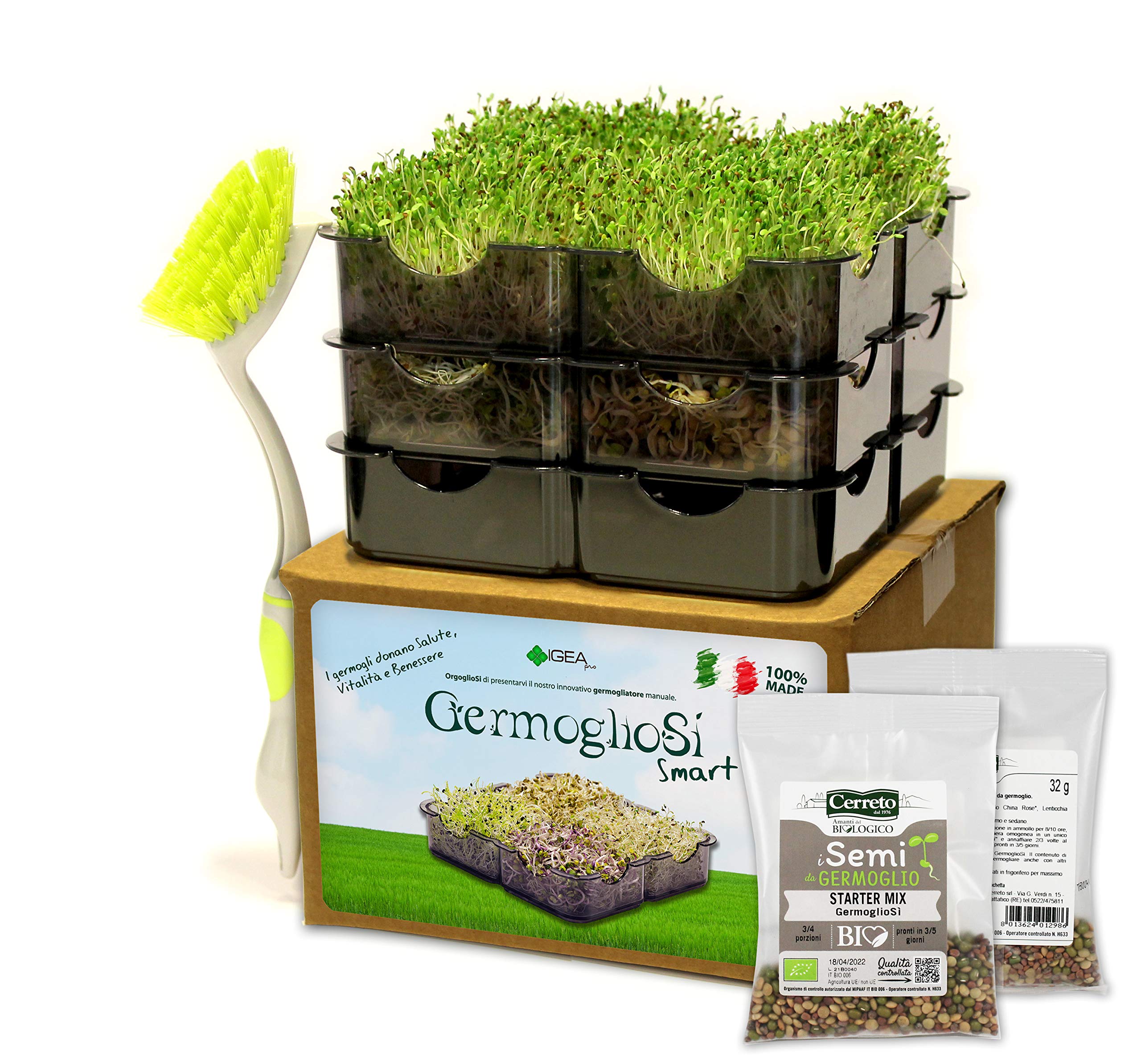 GermoglioSì Smart INIZIA A GERMOGLIARE Germogliatore per Semi BPA Free + 2 Confezioni in Omaggio di Mix di Semi 32gr., Multifunzione Innovativo Brevettato 3 vassoi