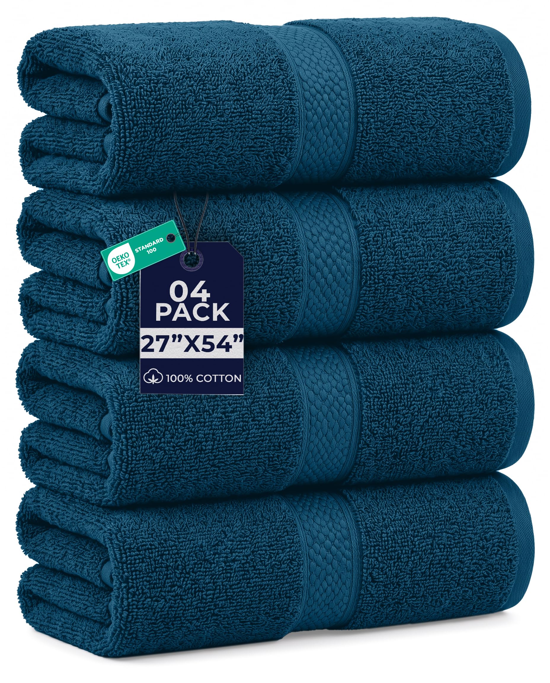 DAN RIVER 600 GSM Cotton Large Bath Towels Set of 4, 27 x 54 Inches, Blue