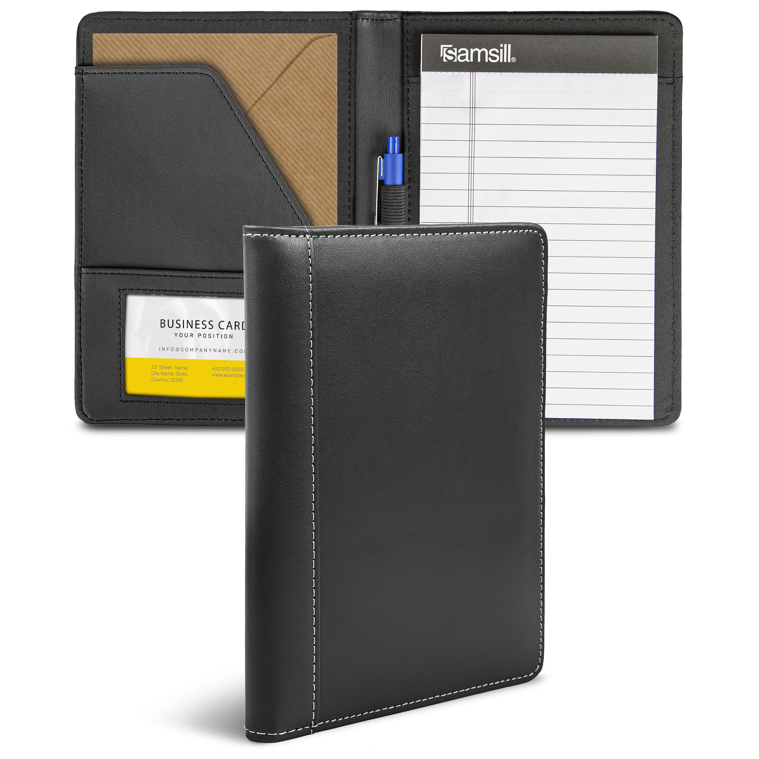 Samsill Contrast Stitch Faux-Leather Portfolio, Mini Size Business Interview Professional Padfolio, Includes 5 x 8 Inch Writing Pad, Black