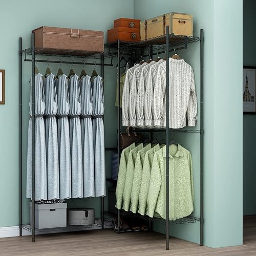 Miniatura 3 de XIOFIO Perchero de ropa resistente, perchero de metal con 4 varillas para colgar y 4 estantes grandes, 4 estantes pequeños, estante de armario