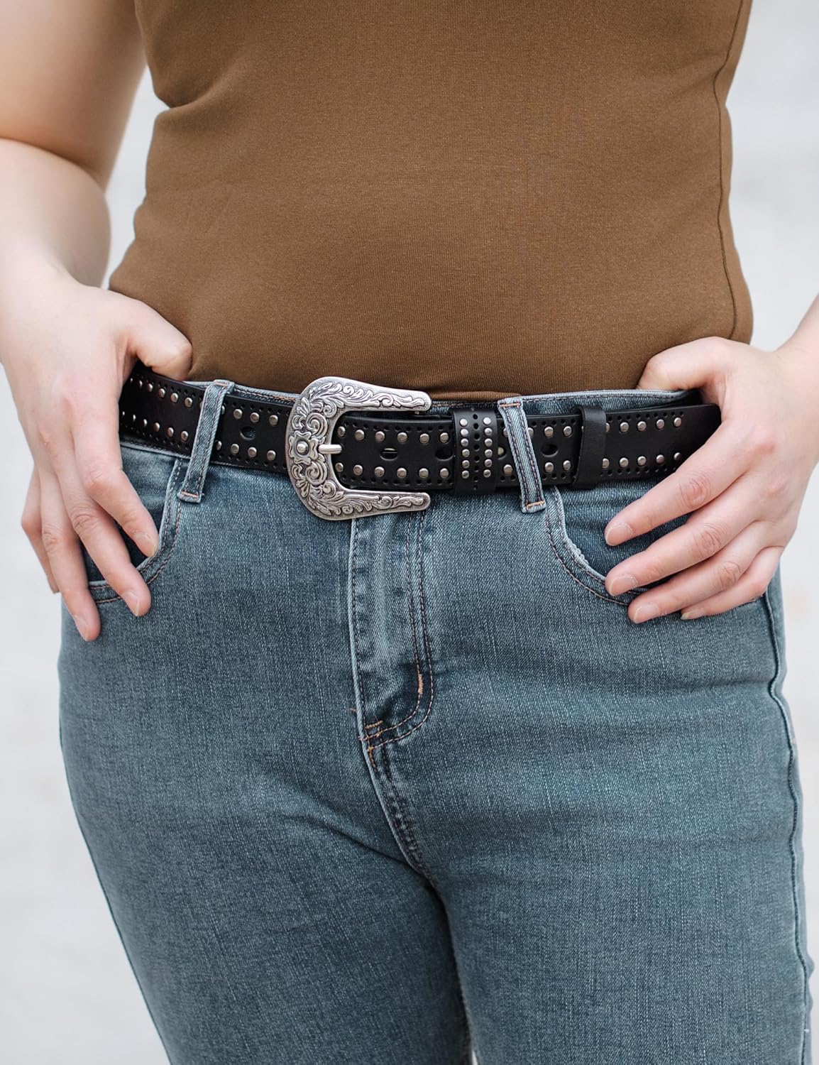 Womens Western Leather Belts 35mm Studded Belt with Vintage Silver Buckle - Image 4