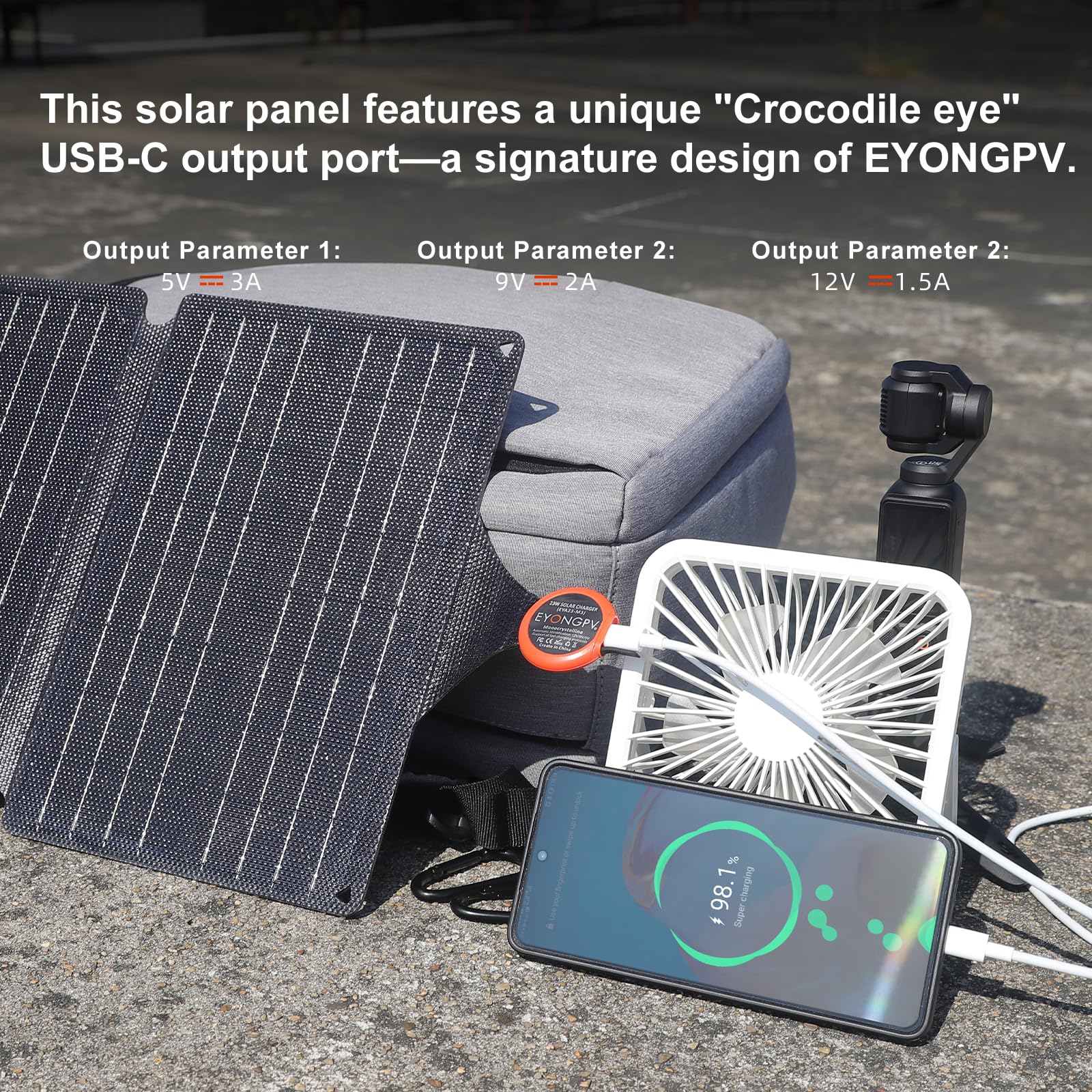 EYONGPV Przenośny składany panel słoneczny 30 W i ładowarka solarna z wyjściem USB-C Croc-Eye, wodoodporna kompaktowa ładowarka solarna IP67 do telefonów, powerbanków, biwakowania, wędrówek, wędrówek