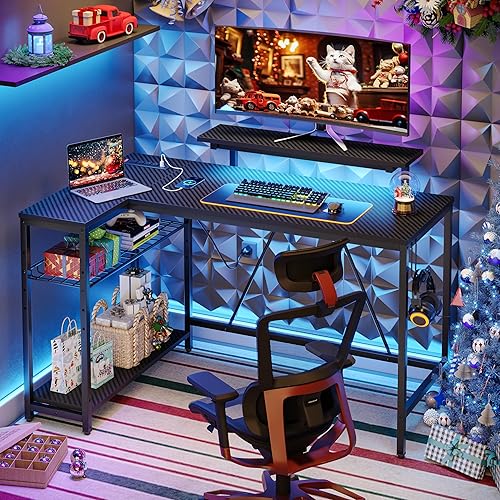 Miniatura 47 de Bestier Escritorio en forma de L de 58 L con tomas de corriente, escritorio esquinero para oficina en casa con estantes reversibles y luces LED,