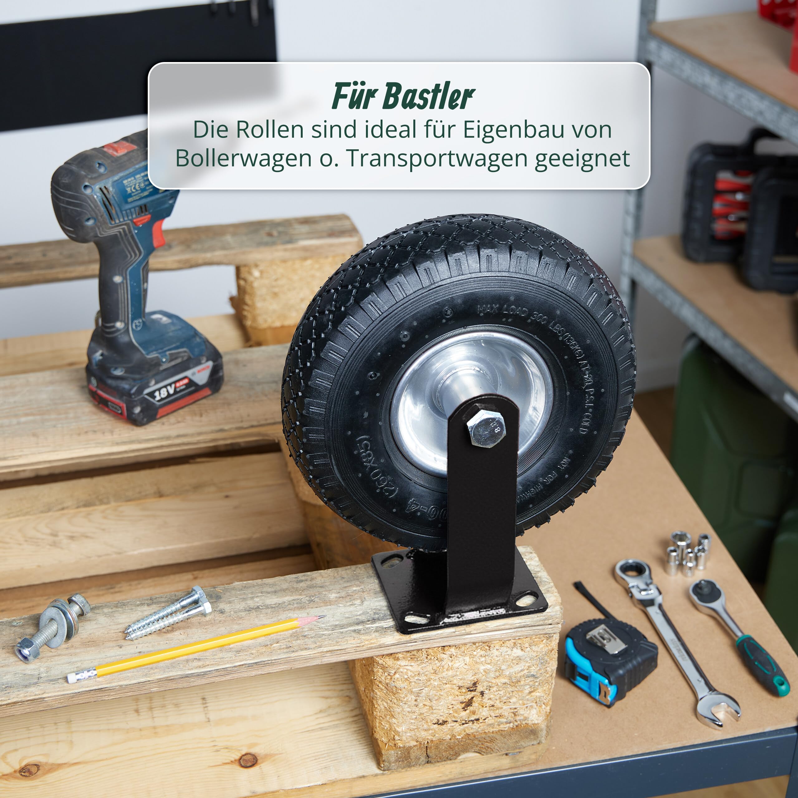 Relaxdays 2X Bockrolle + 2X Lenkrolle Set, luftbereiftes Schwerlastrad, 3.00-4, Transportrollen 120 kg, schwarz/Silber